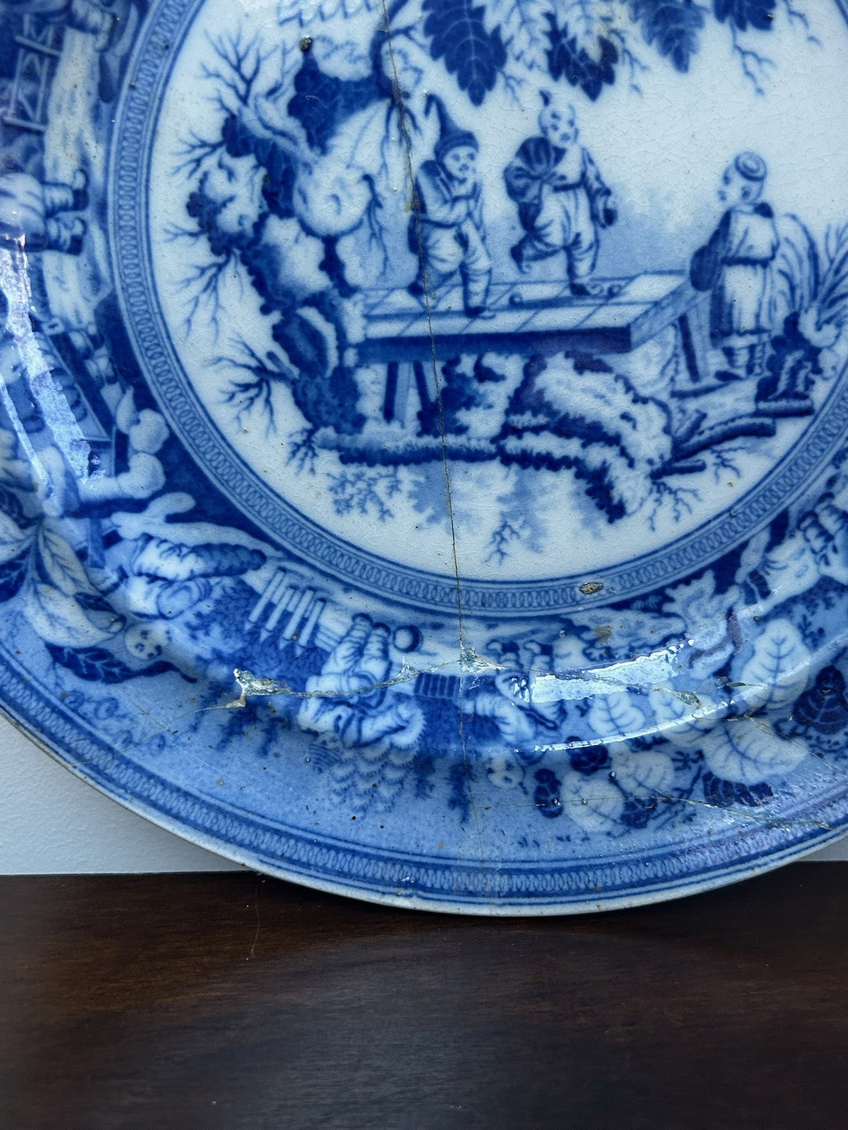 Antique Staffordshire Blue White Plate Figural Scene Poss Minton c1825 Transfer5