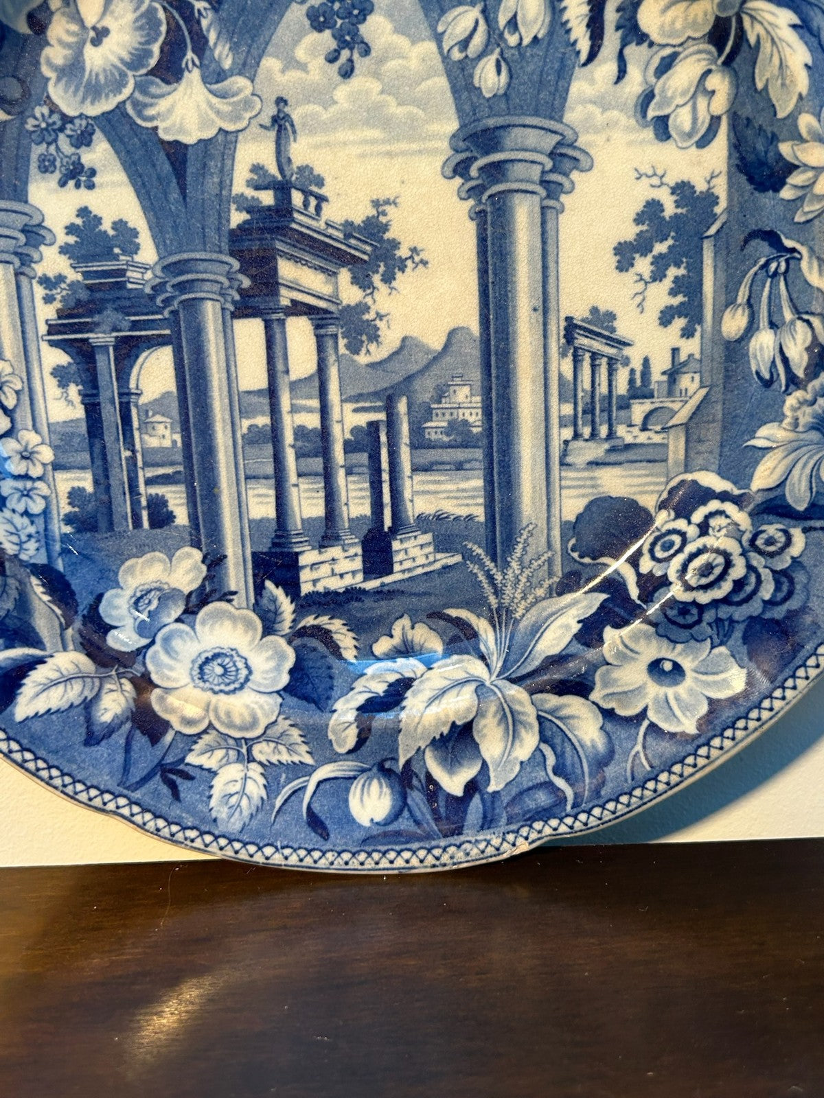 Antique Staffordshire Blue White Plate Tivoli Pattern Marked c1820 Transferware5
