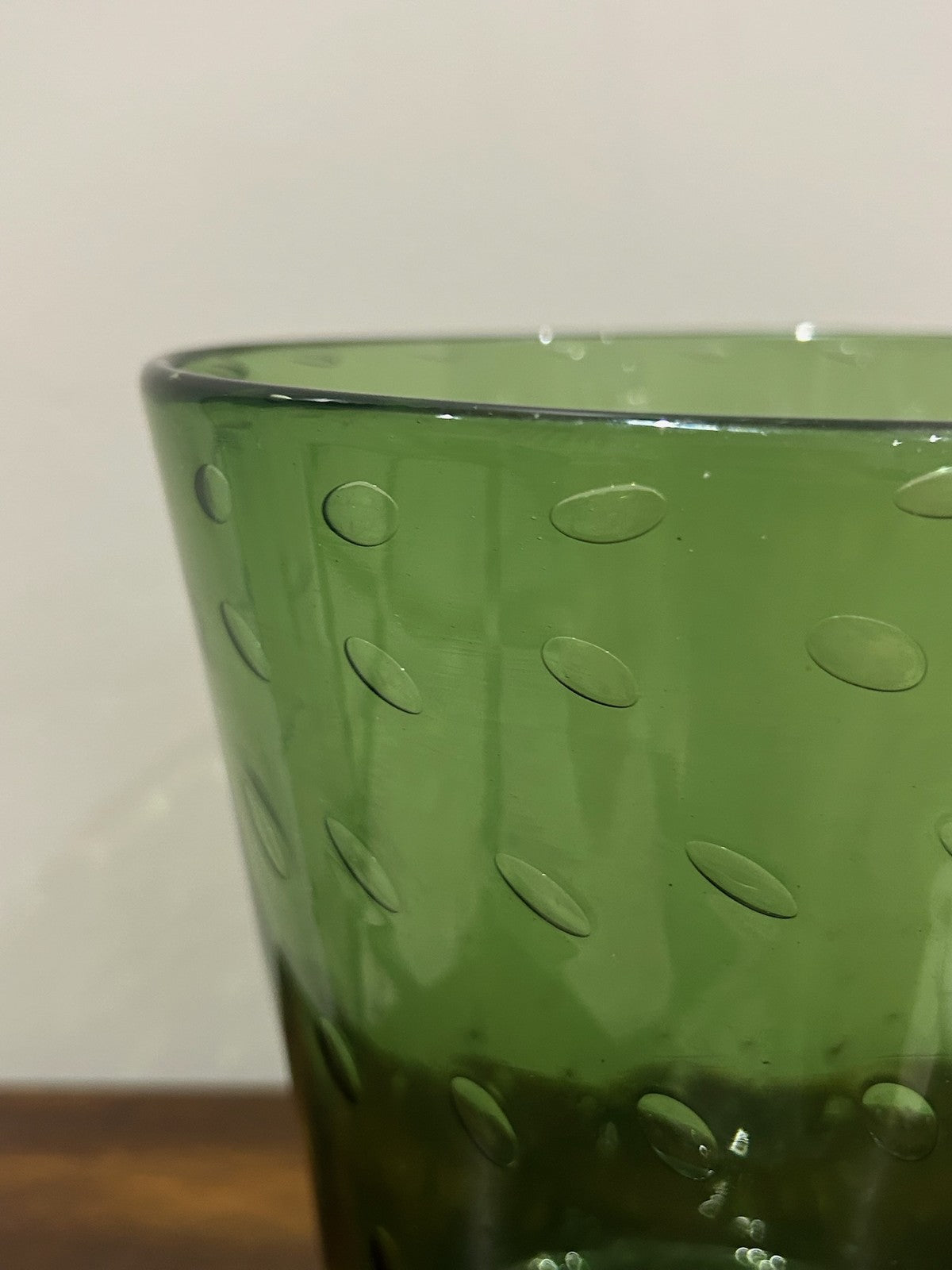 Green Art Glass Beaker Vase Controlled Bubbles Moulded Leaves2