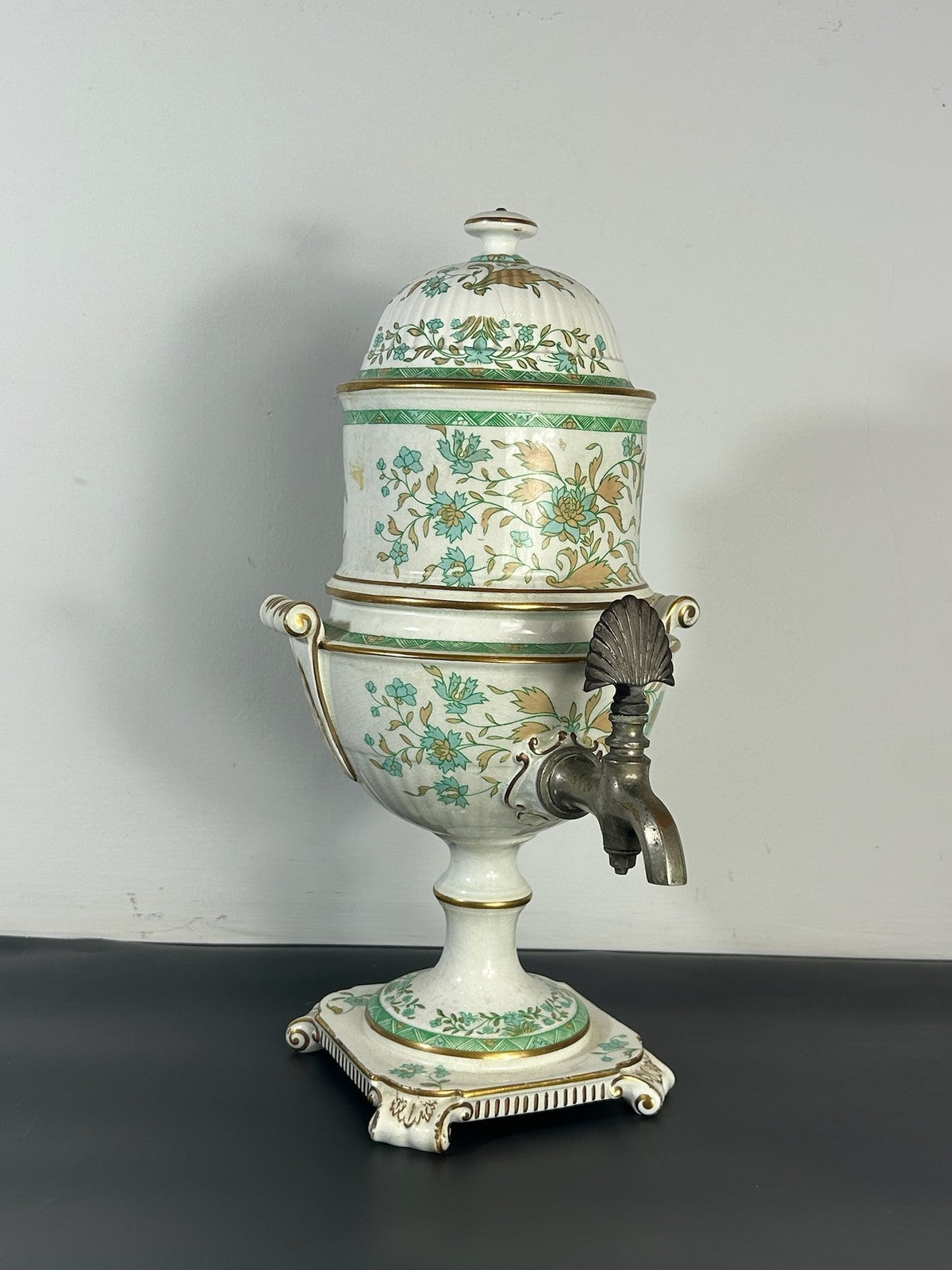 Antique Victorian Wedgwood Beanes Patent Tea Infuser Urn Green Floral Gilt 35cm0