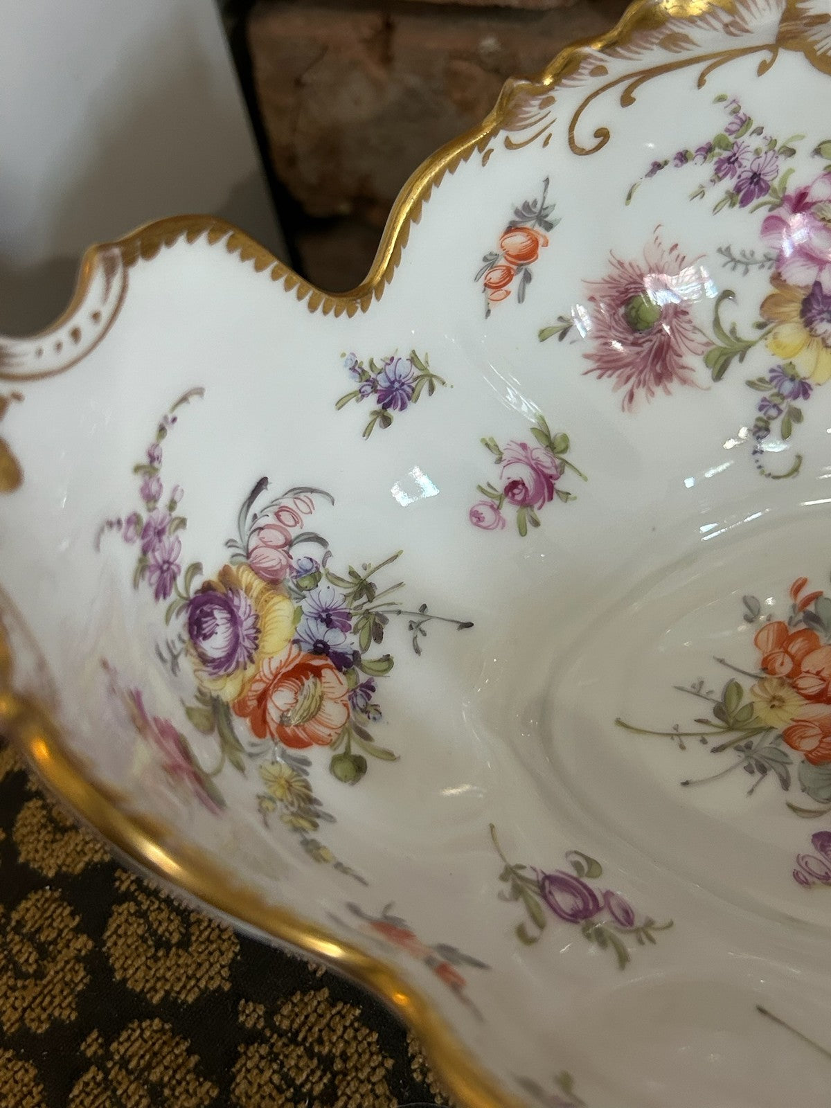 Dresden Porcelain Shaped Dish Hand Painted Flowers Gilt Scroll Rim Crown Mark12