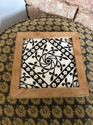 Antique Minton and Co Tile Black White Swirl Pattern Framed Trivet Stand