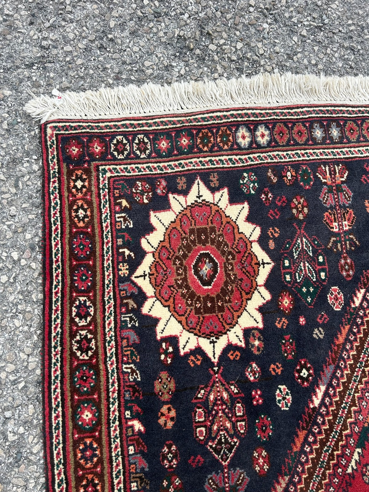 Vintage Oriental Rug Red Navy Central Medallion Floral Pattern Wool Fringed3