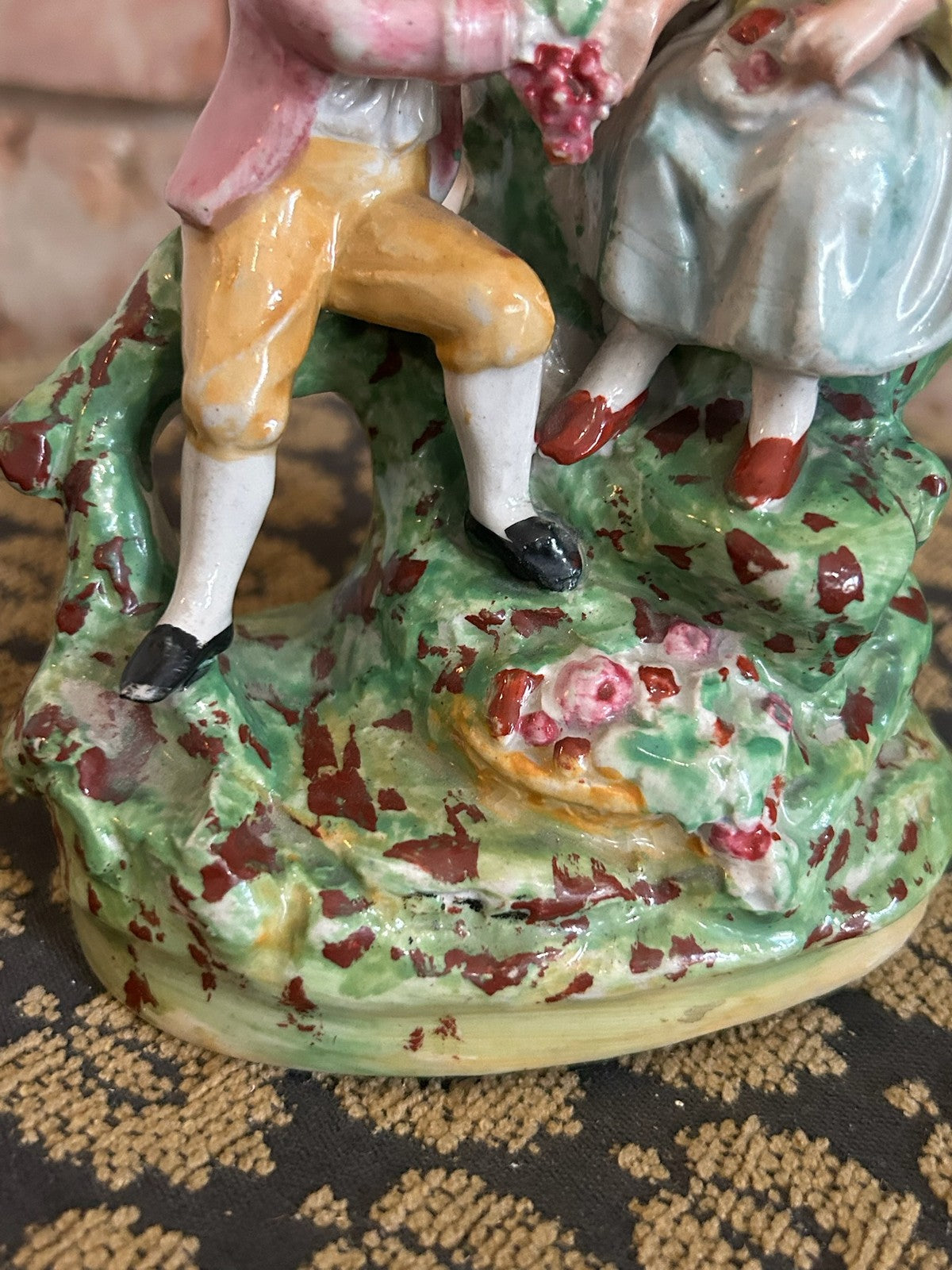 Antique Continental Porcelain Figural Group Courting Couple Flower Encrusted6