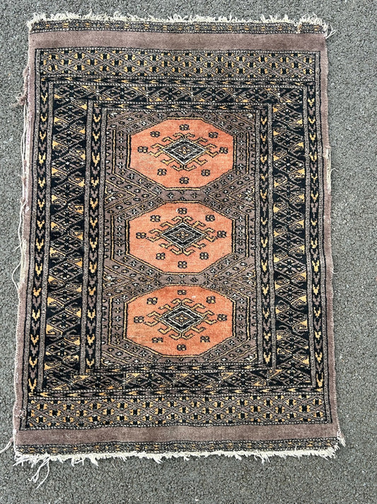 Vintage Pakistani Bokhara Prayer Rug Pushti Mat 3 Guls Hand Knotted Wool 90cm0