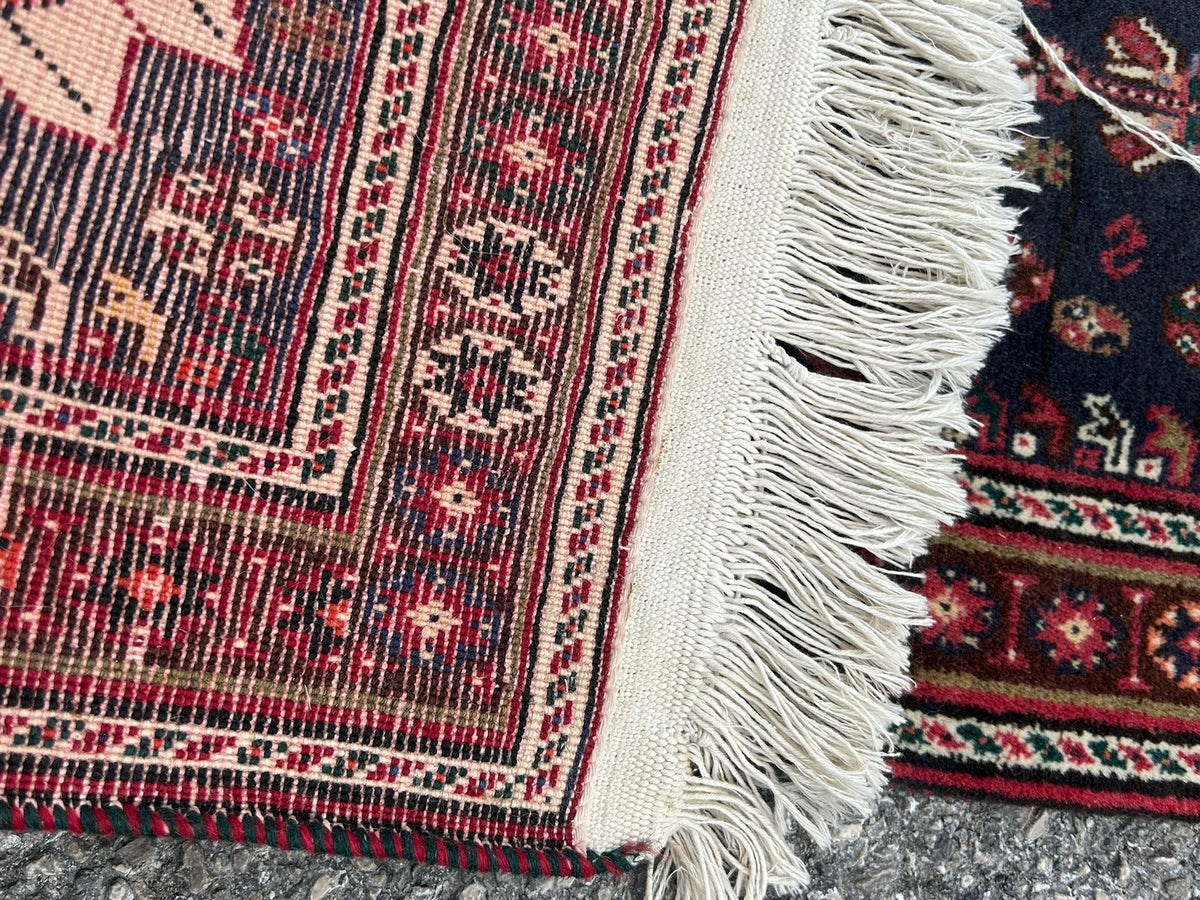 Vintage Oriental Rug Red Navy Central Medallion Floral Pattern Wool Fringed14