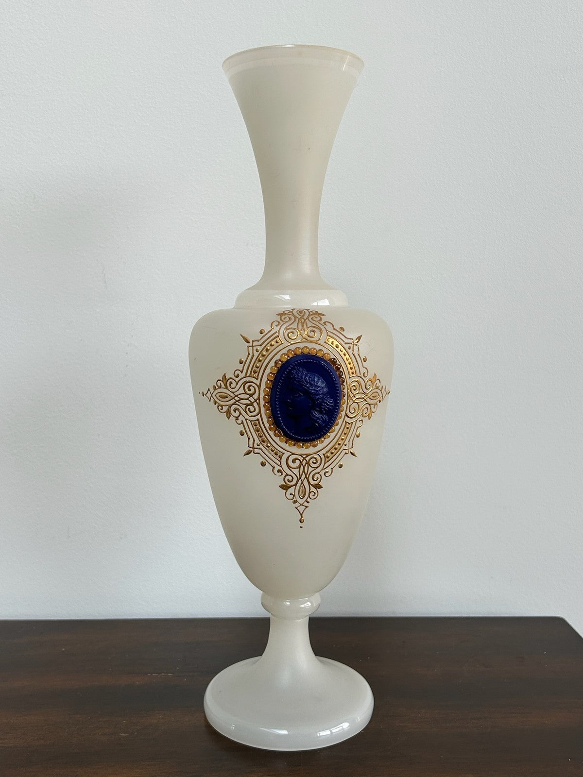 Antique Bohemian Opaline Glass Vase Portrait Cameo Gilded0