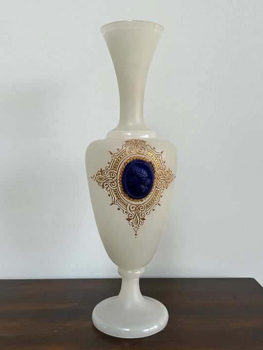Antique Bohemian Opaline Glass Vase Portrait Cameo Gilded0