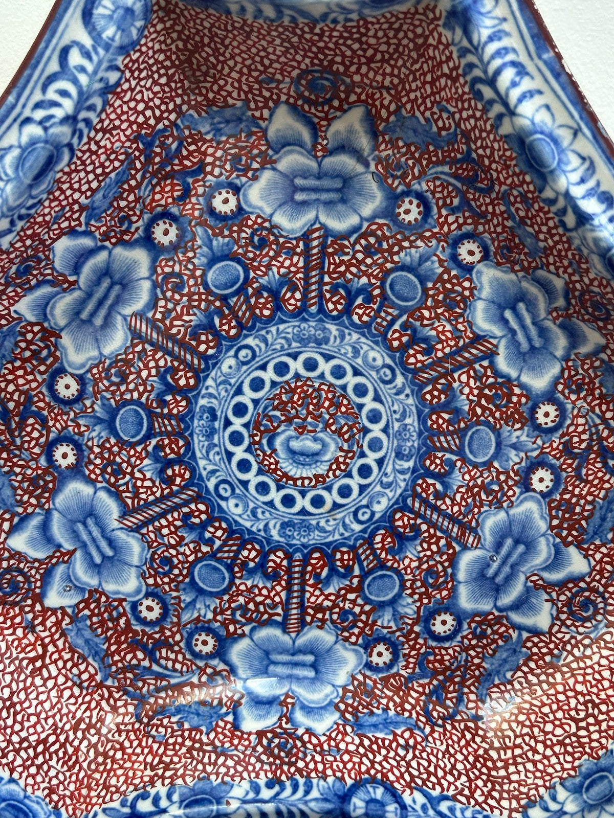 Antique Staffordshire Blue Puce Transfer Shaped Dish Old Staple Repairs2