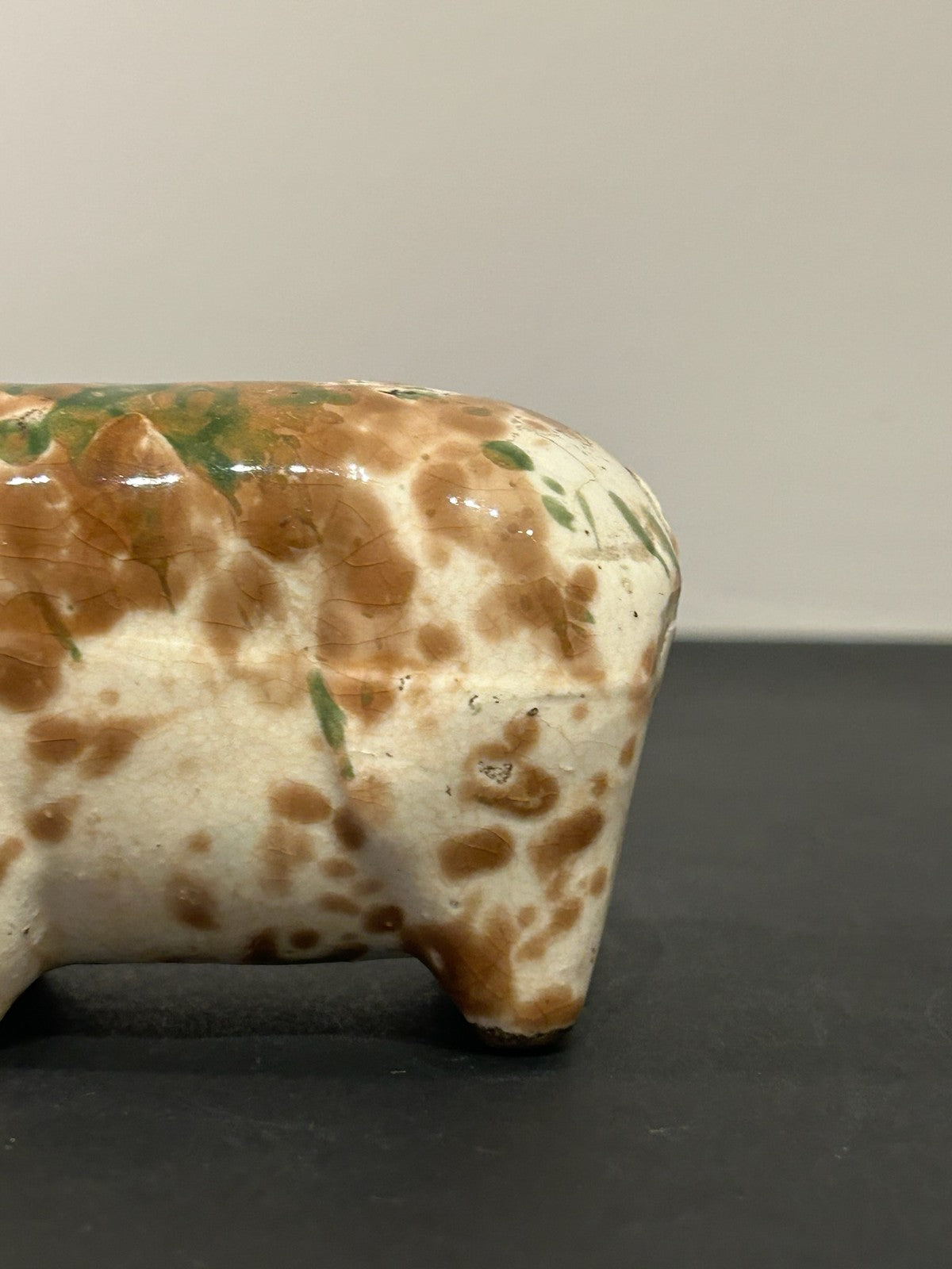 Antique 19th Century Spongeware Pottery Pig Money Box Green Brown Sponged 12cm2