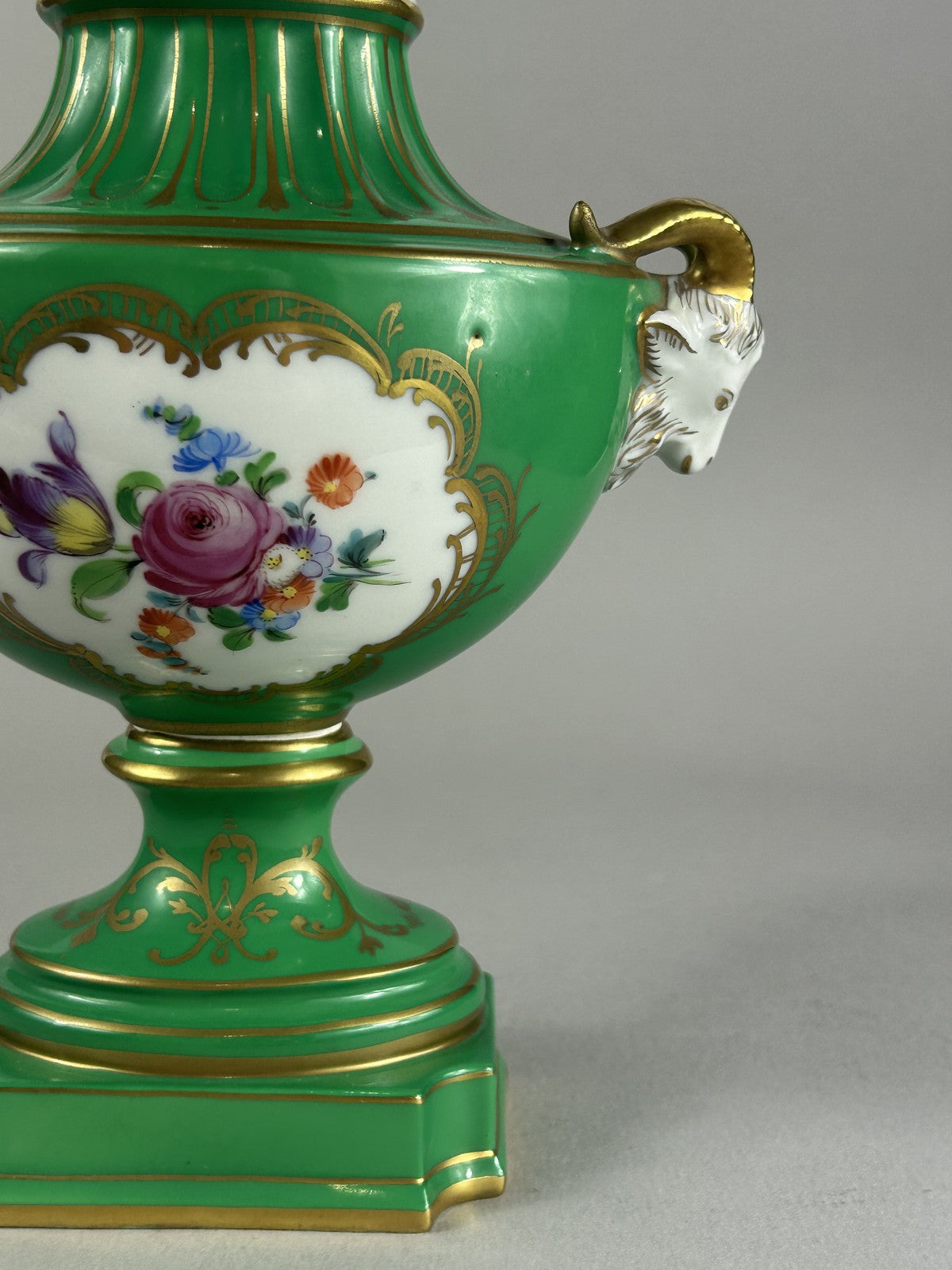 Dresden green porcelain ram’s head lamp base vase with finial