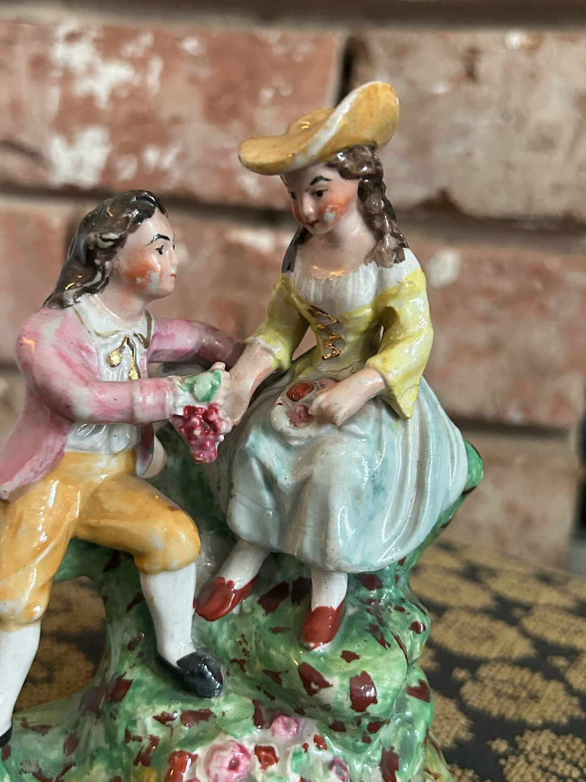 Antique Continental Porcelain Figural Group Courting Couple Flower Encrusted5