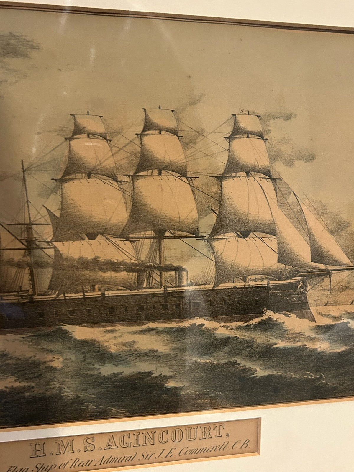Antique Print HMS Agincourt Flagship Rear Admiral Commerell Ironclad Framed3