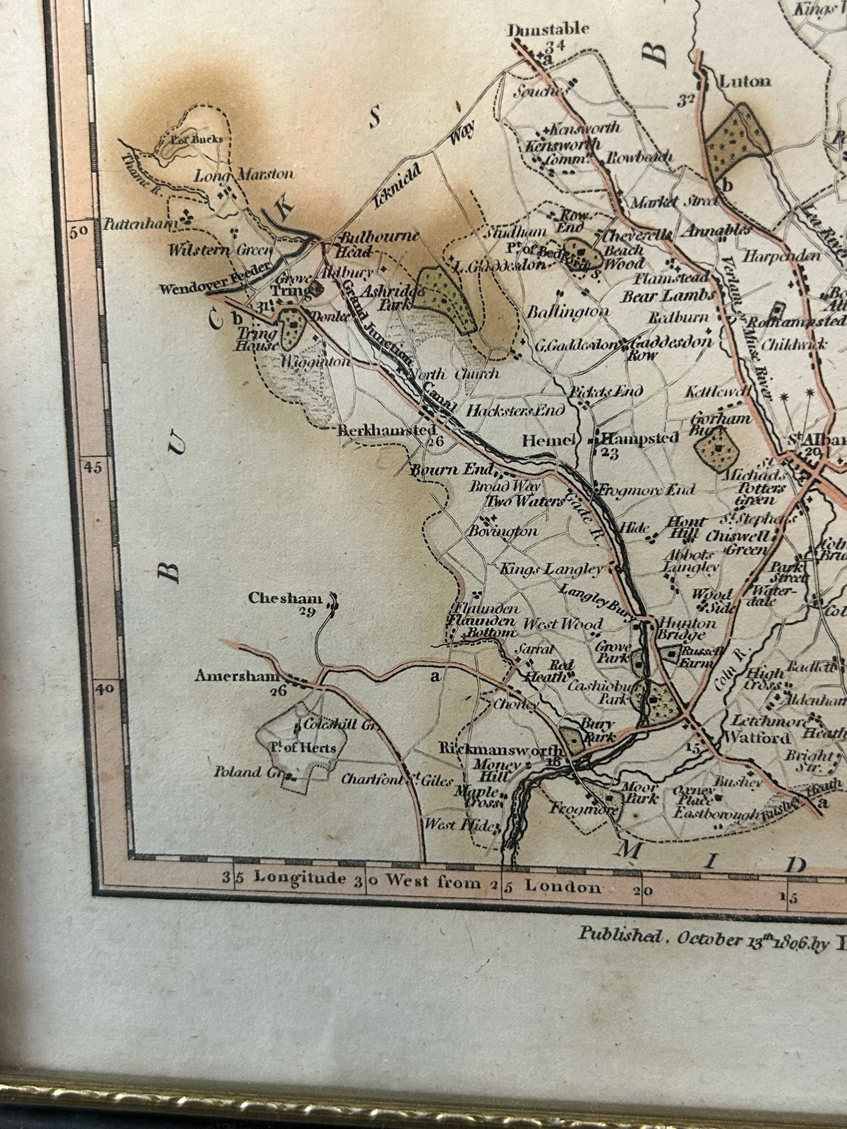 Laurie & Whittle Hertfordshire Antique Map 1806 Hand Coloured Framed 28x24cm2