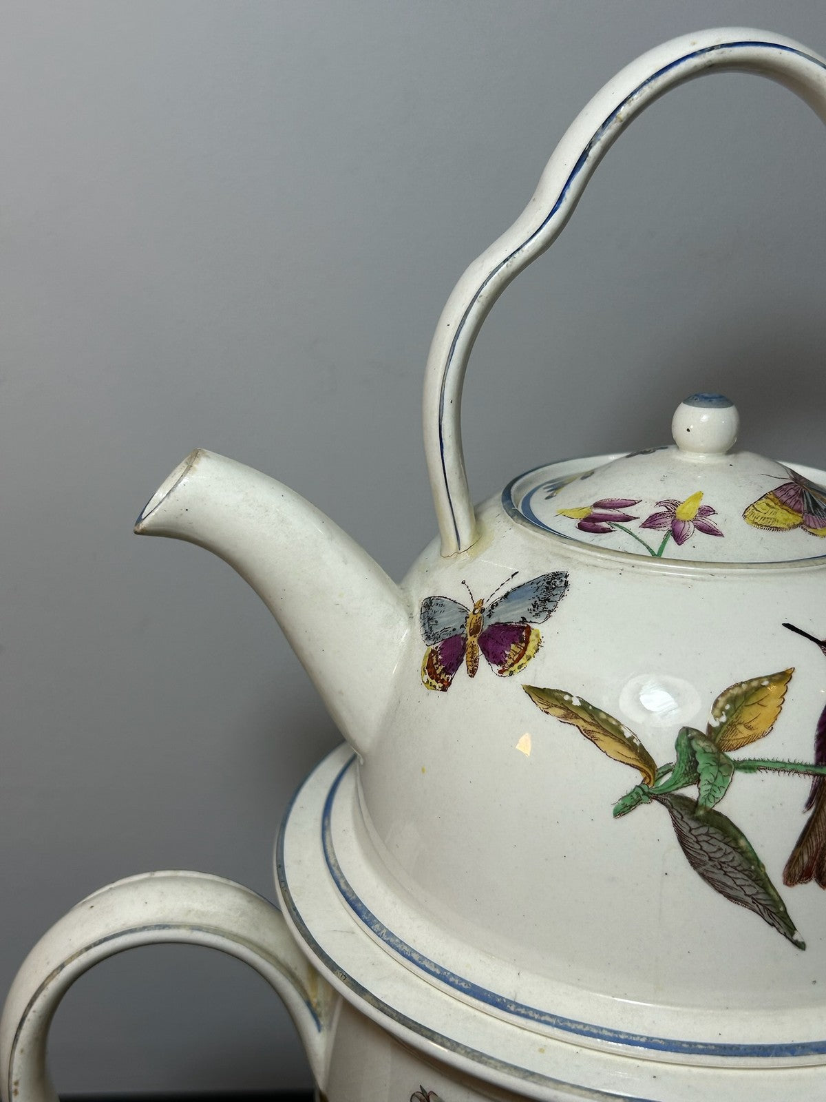 Antique Wedgwood Creamware Veilleuse Tea Warmer Painted Birds Butterflies c18205