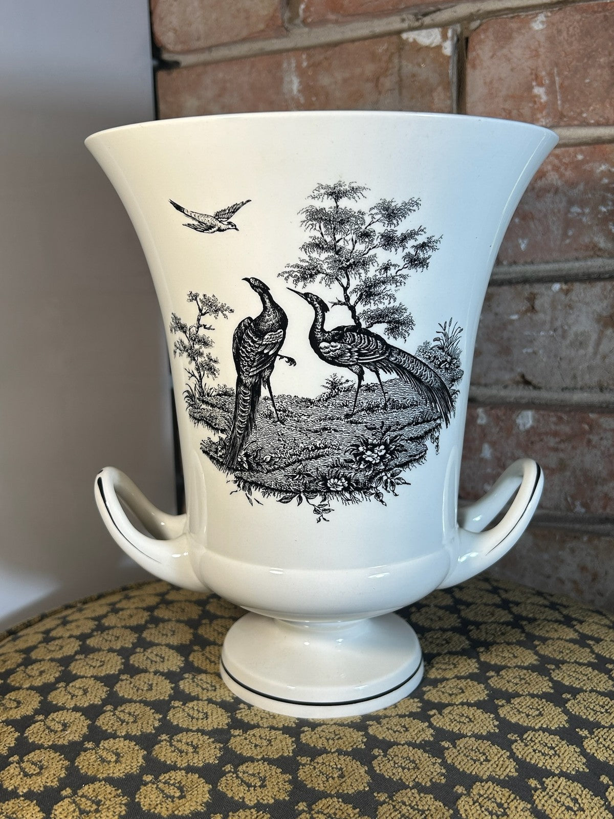 Wedgwood Queensware Campana Vase Black Printed Birds Peacock Twin Handles0