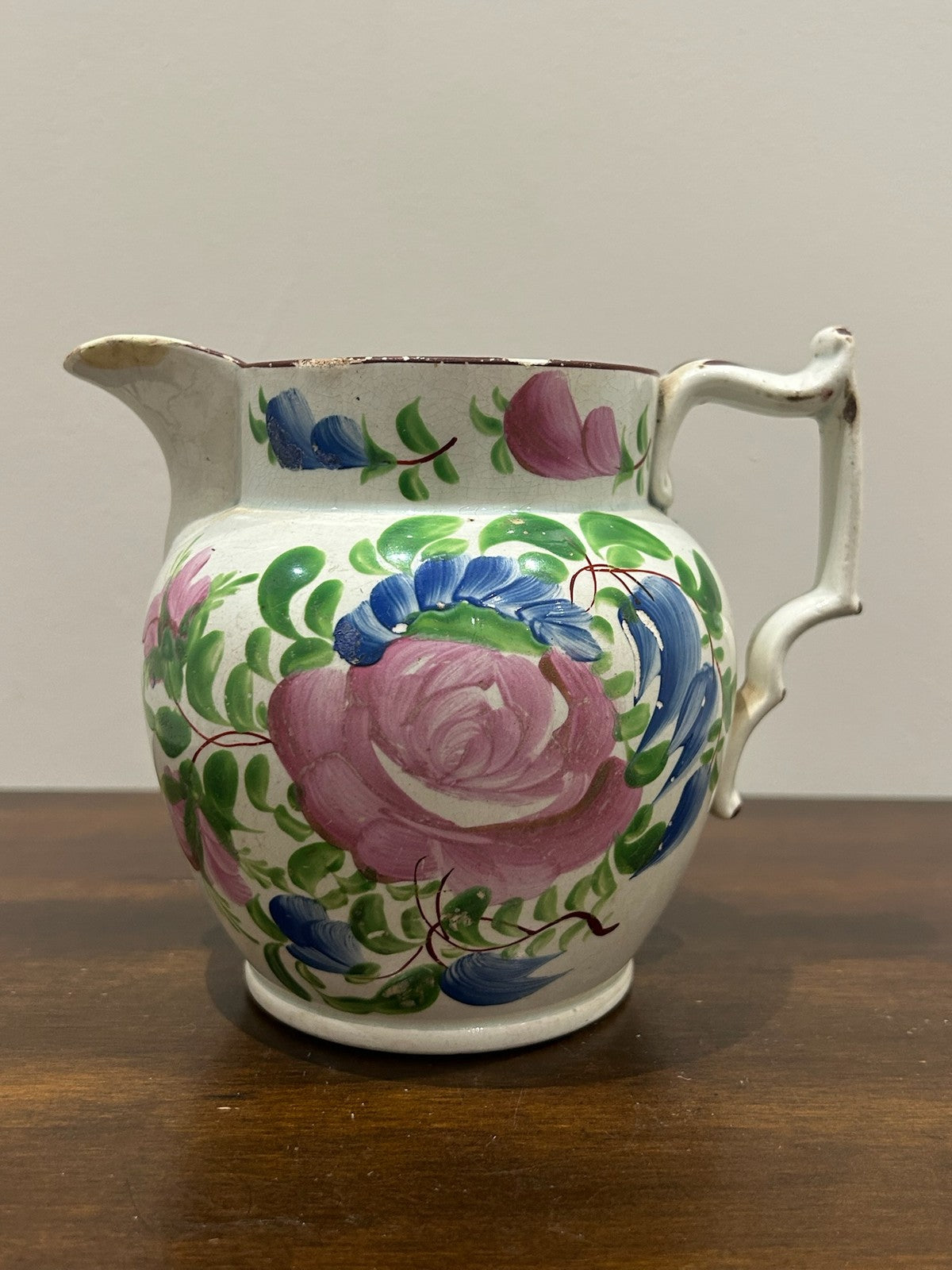 Georgian Pearlware Jug Hand Painted Enamel Pink Cabbage Rose c.18200