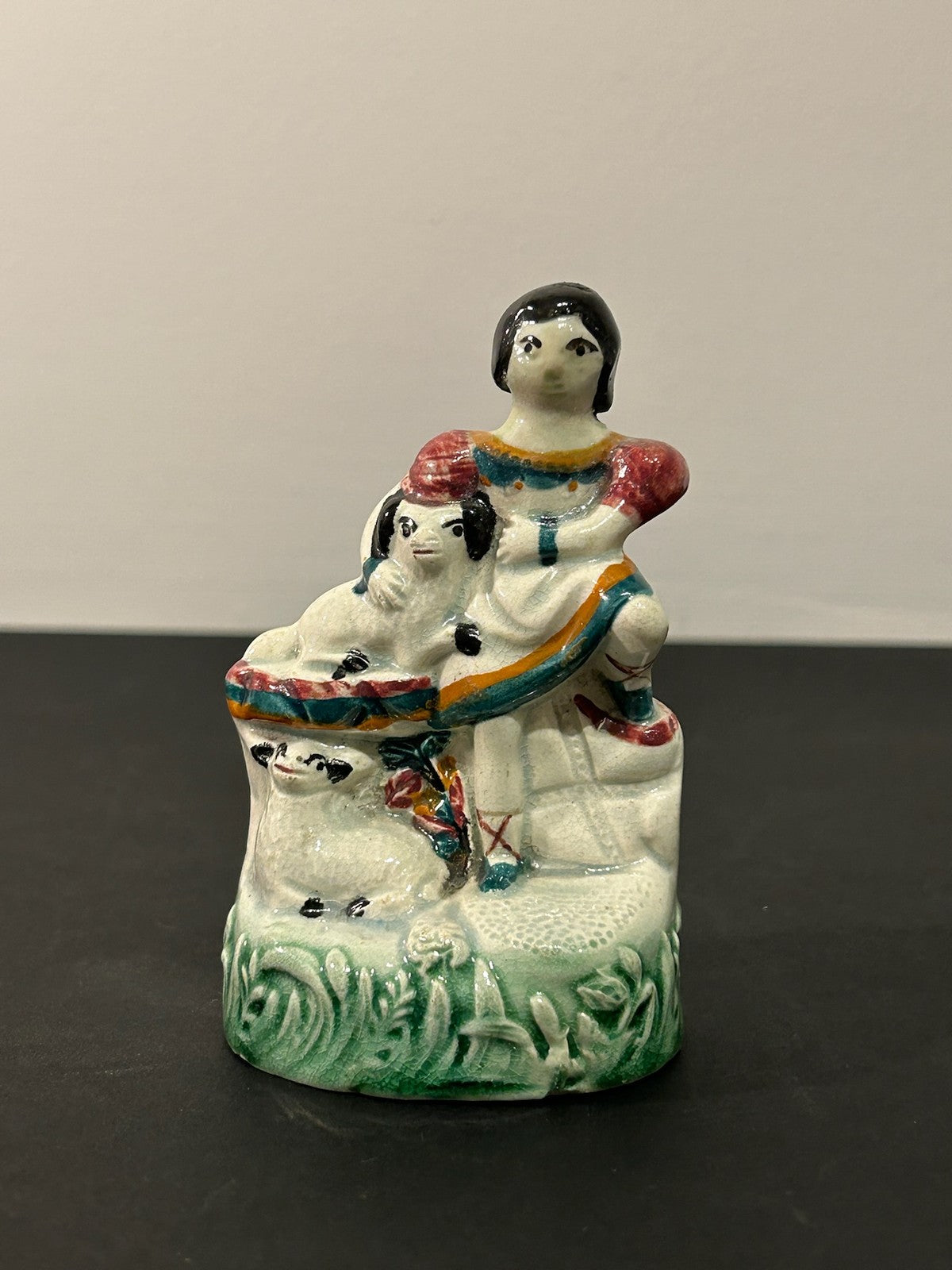 Antique Victorian Staffordshire Pottery Figure Girl with Dog and Lamb 10cm0
