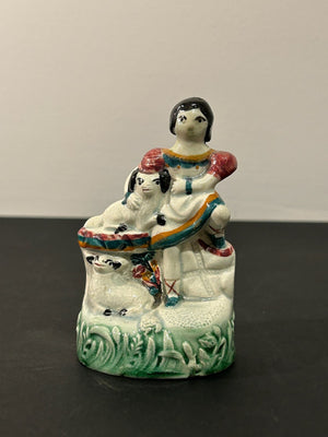 Antique Victorian Staffordshire Pottery Figure Girl with Dog and Lamb 10cm