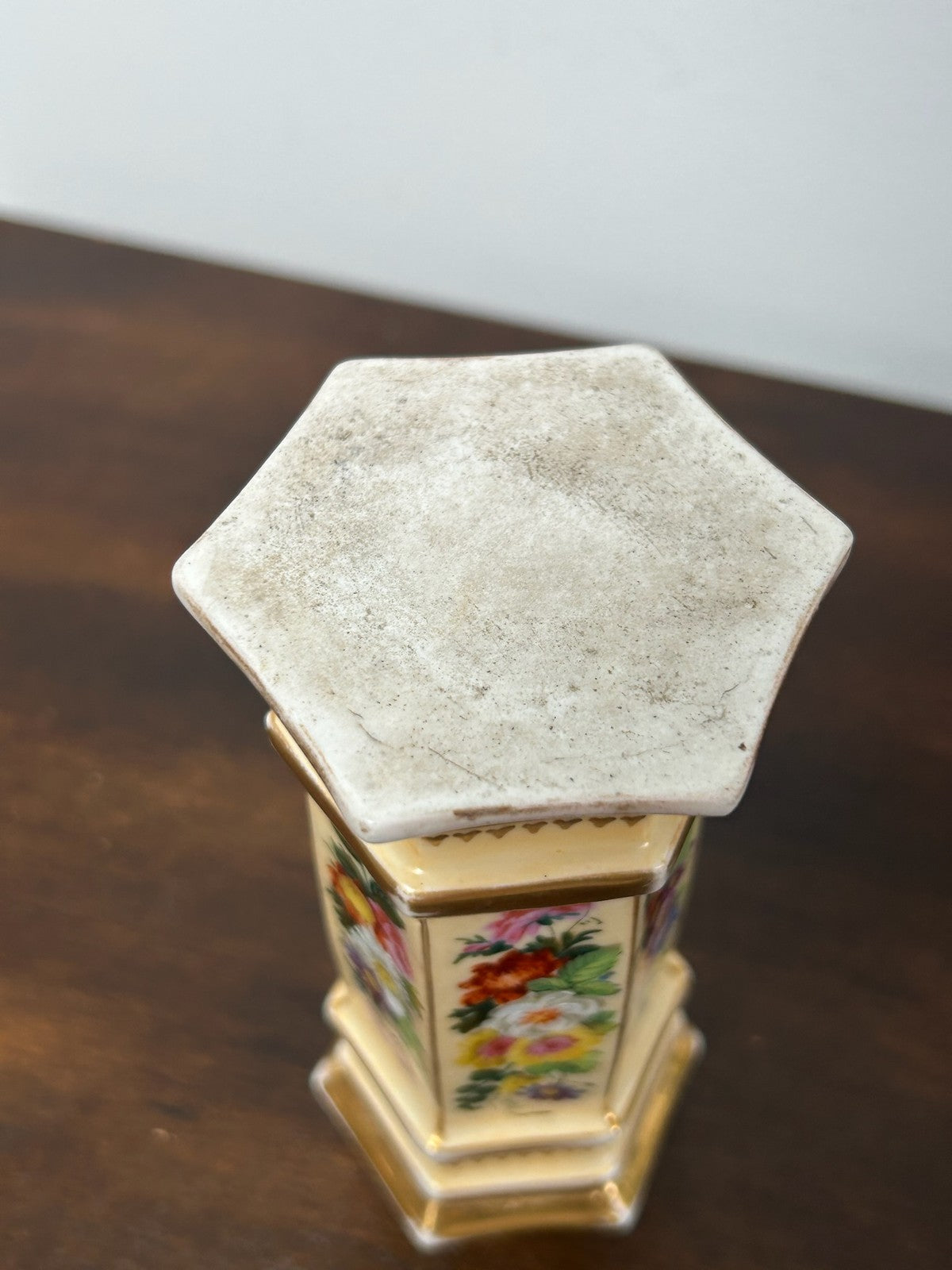 Antique Porcelain Hexagonal Spill Vase Gilt Ground Hand Painted Flowers5