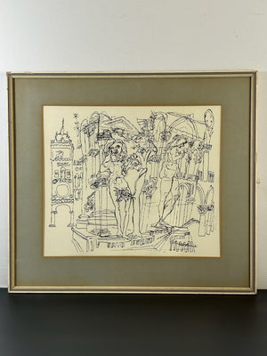 Nan Lurie Original Signed Pen & Ink Drawing Figures Architecture WPA Artist