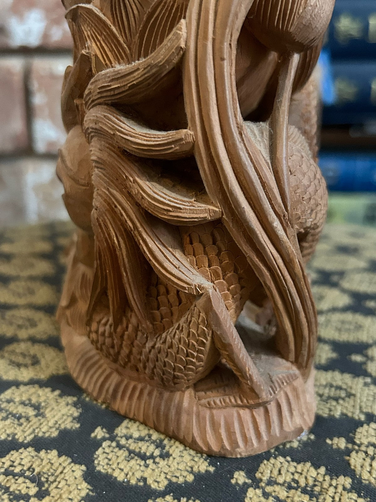 Chinese Carved Wood Guanyin Figure Group Dragons Lotus Deeply Carved Panel19