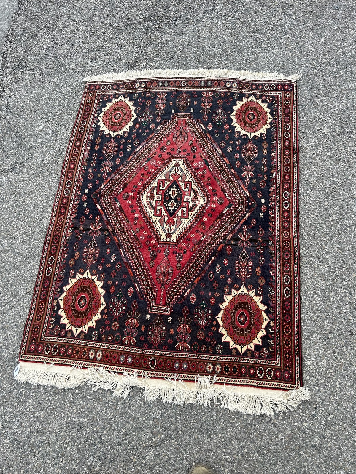 Vintage Oriental Rug Red Navy Central Medallion Floral Pattern Wool Fringed0