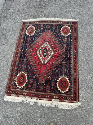 Vintage Oriental Rug Red Navy Central Medallion Floral Pattern Wool Fringed