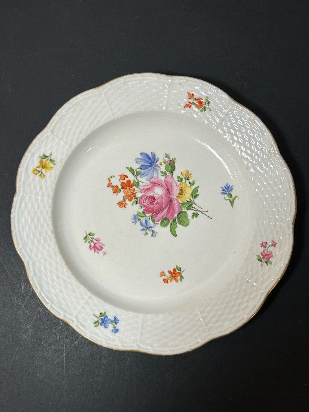 Antique Meissen Porcelain Plate Deutsche Blumen Basketweave Border 19cm A/F0