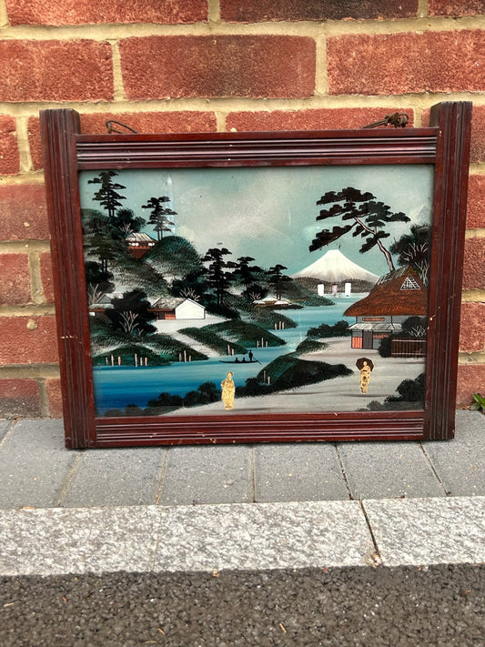 1920s Japanese Reverse Glass Painting Mother of Pearl Wall Hanging Antique0