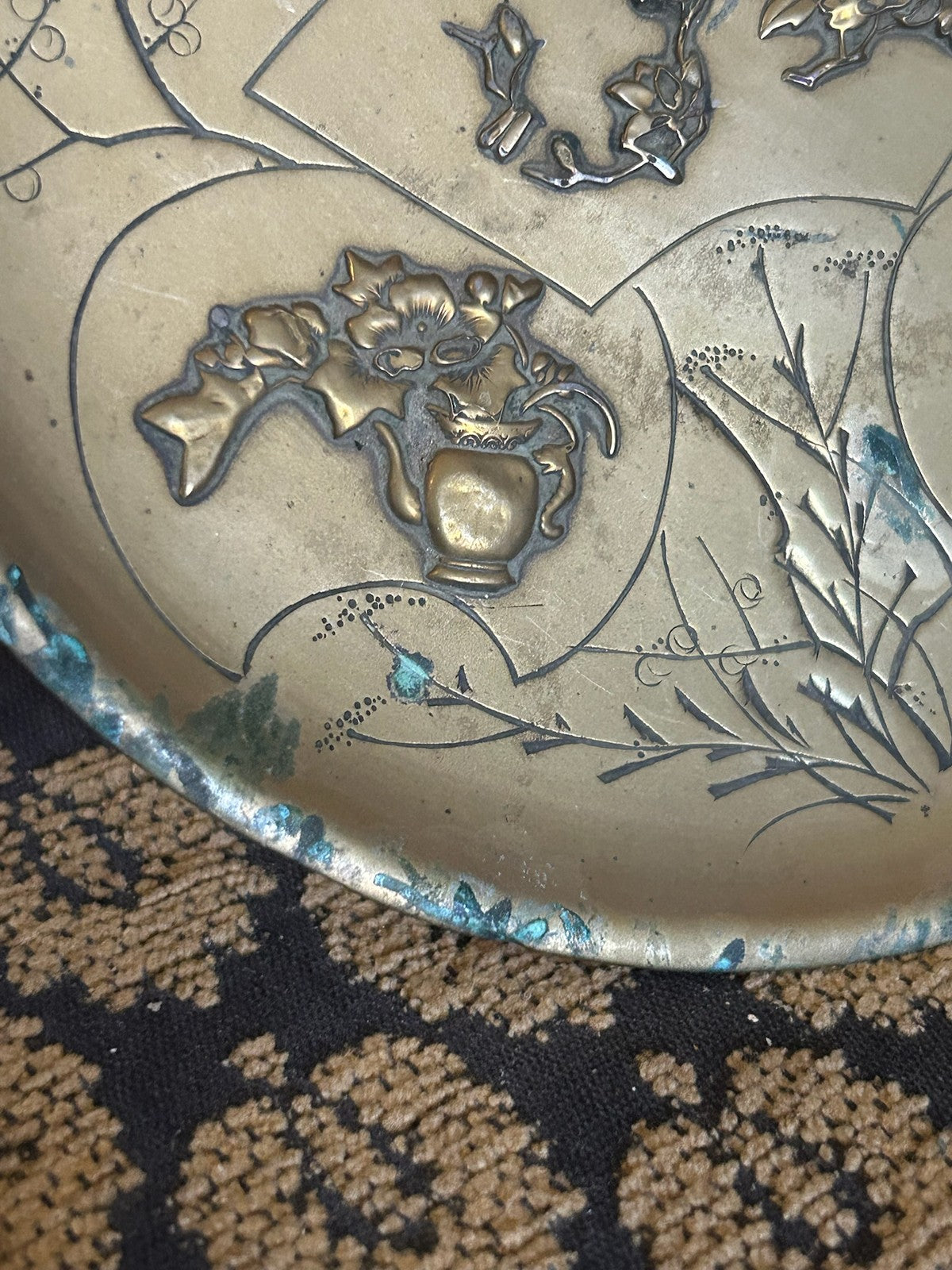 Japanese Brass Relief Dish Engraved Fan Panels Birds Flowers Plum Blossom10