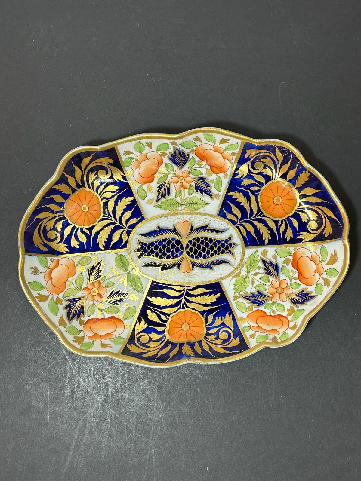 Antique English Porcelain Imari Oval Dish Old Japan Pattern Cobalt Gilt 26cm0