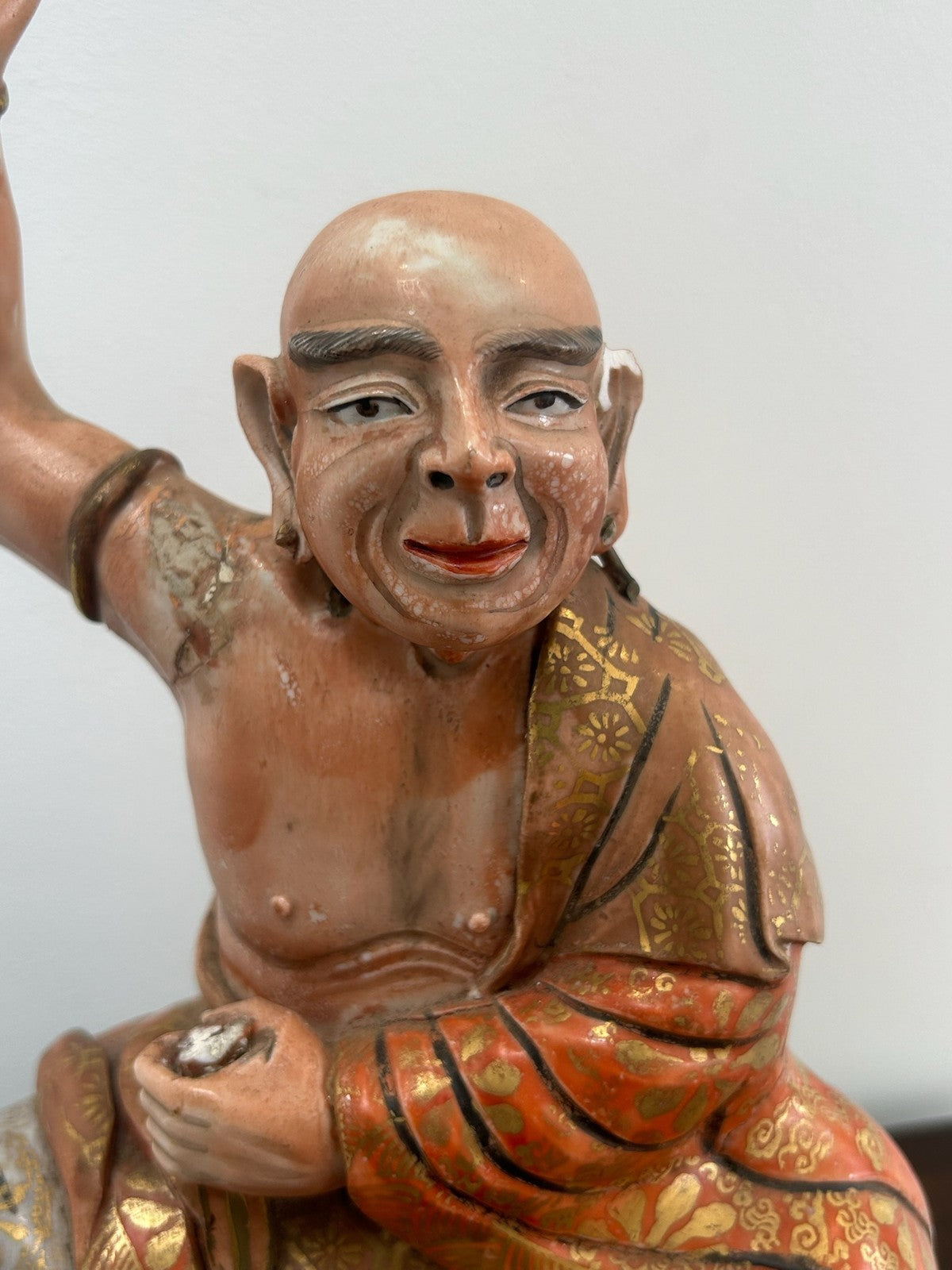 Antique Japanese Meiji Polychrome Pottery Figure of a Luohan / Monk & Vase1