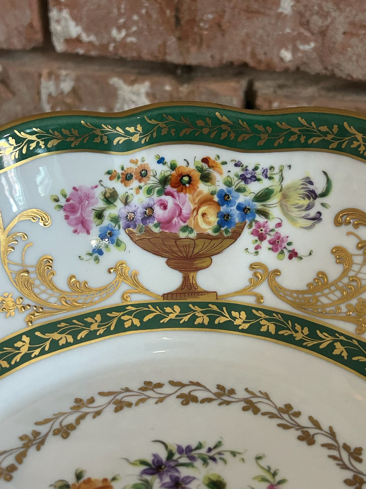 Le Tallec Paris Hand Painted Porcelain Bowl Green Gilt Border Floral Centre11