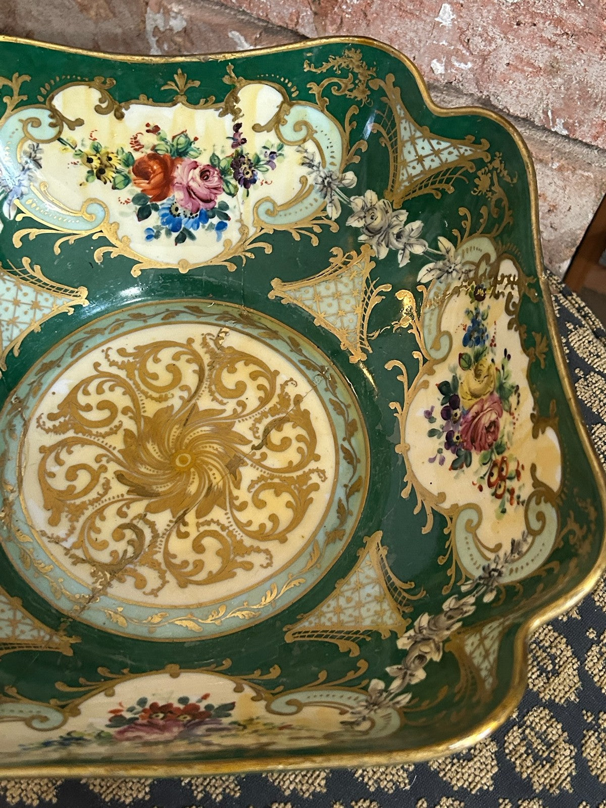 Le Tallec Paris Hand Painted Porcelain Square Dish Green Gilt Floral Border6