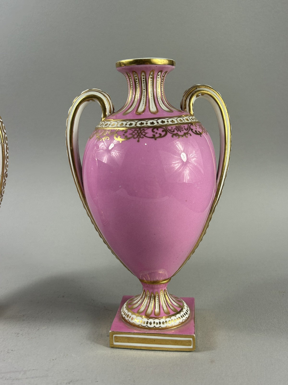 Antique Pair Pink Ground Gilt Porcelain Urn Vases, 18cm