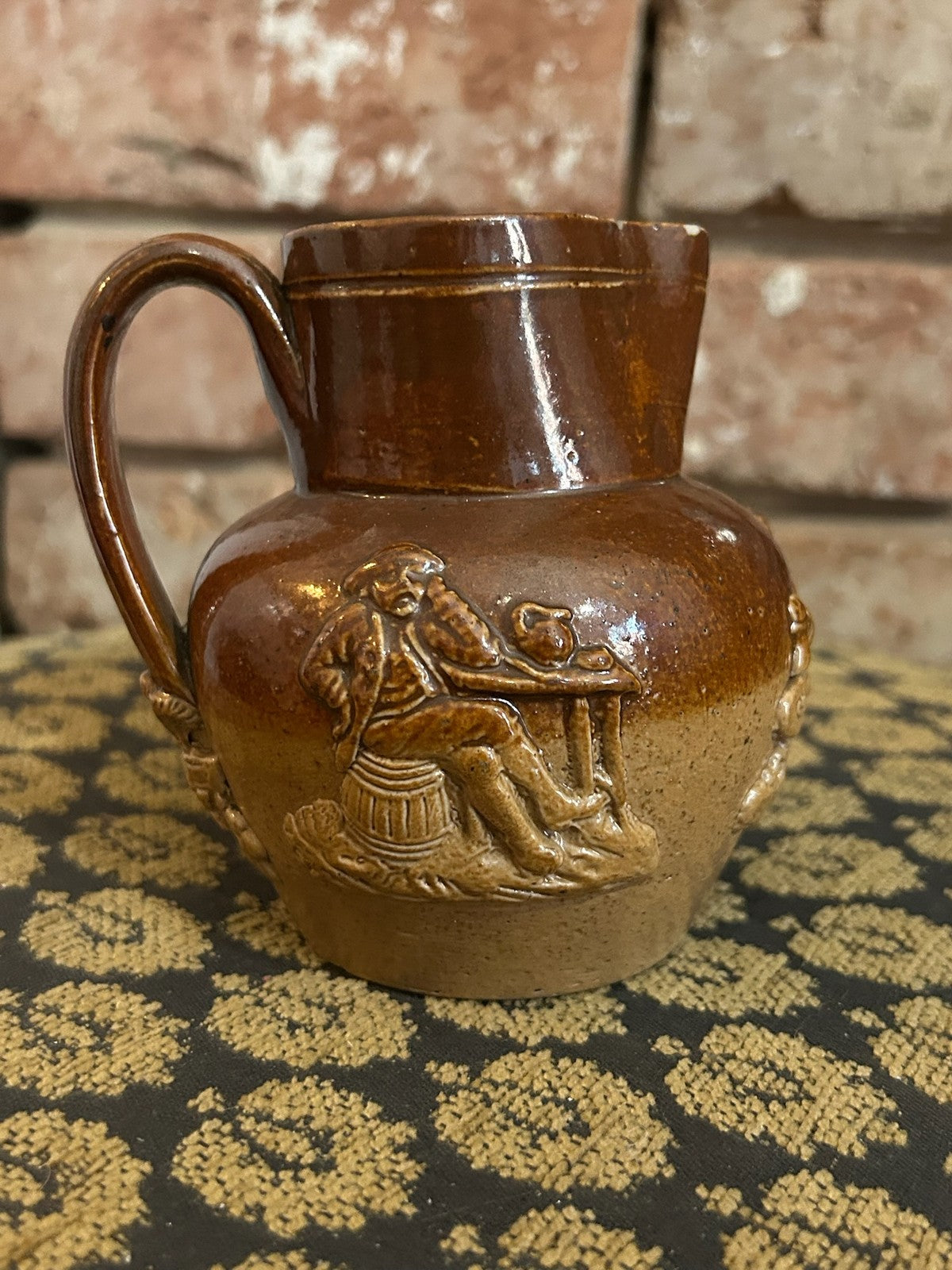 Antique Brown Salt Glaze Stoneware Jug Sprigged Hunting Relief Doulton Style0