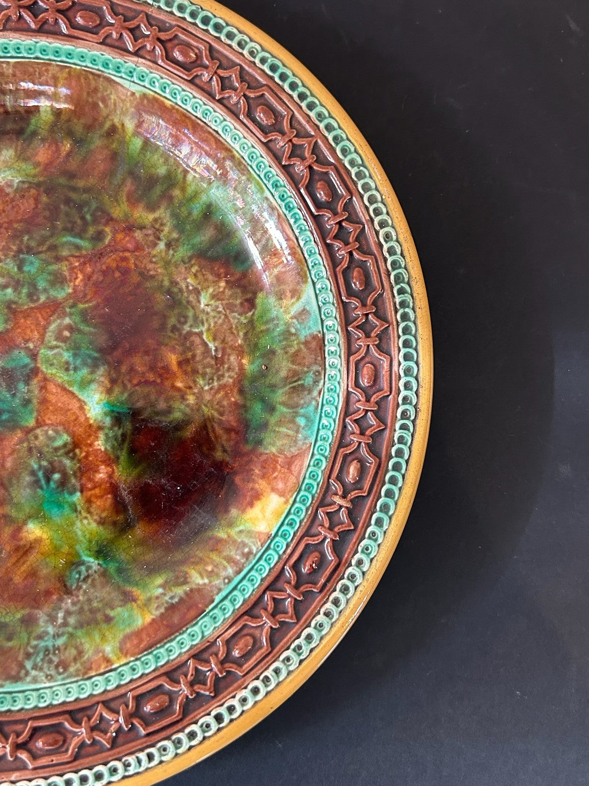Antique George Jones Majolica Plate GJ Monogram Mottled Glaze Victorian 23cm A/F4