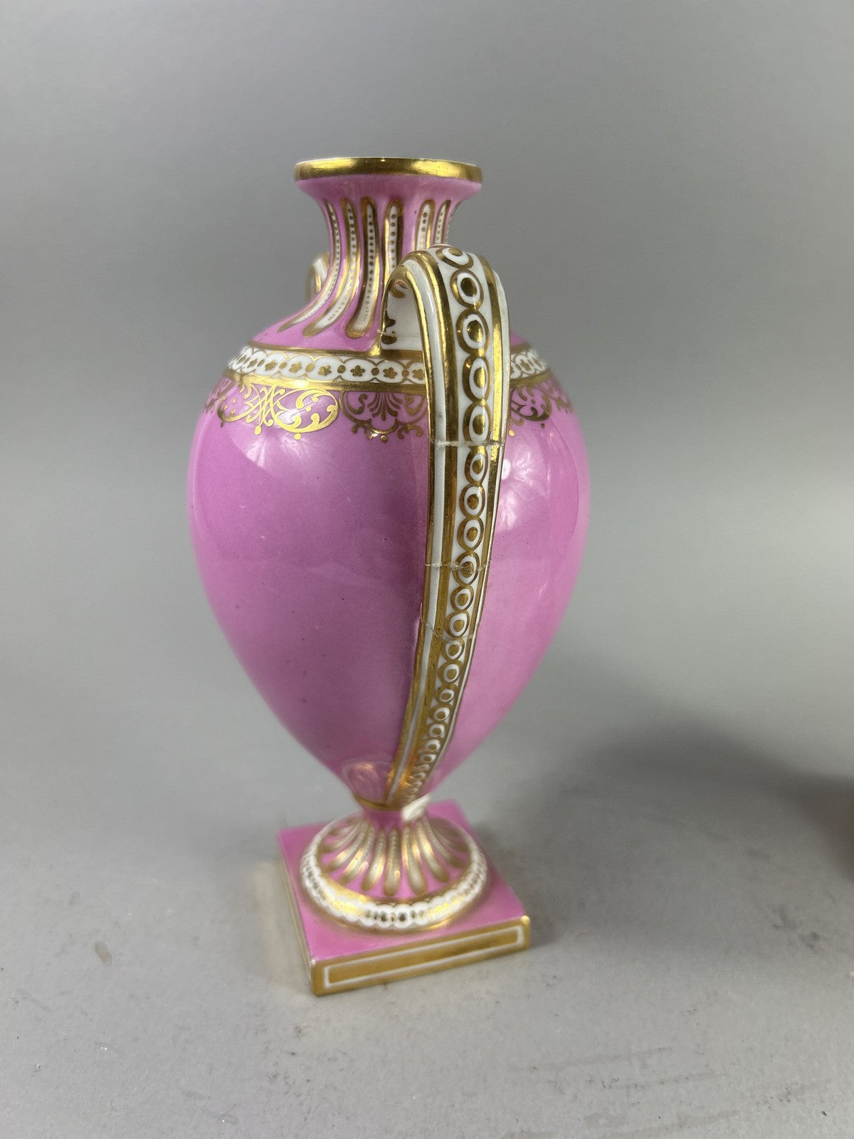 Antique Pair Pink Ground Gilt Porcelain Urn Vases, 18cm
