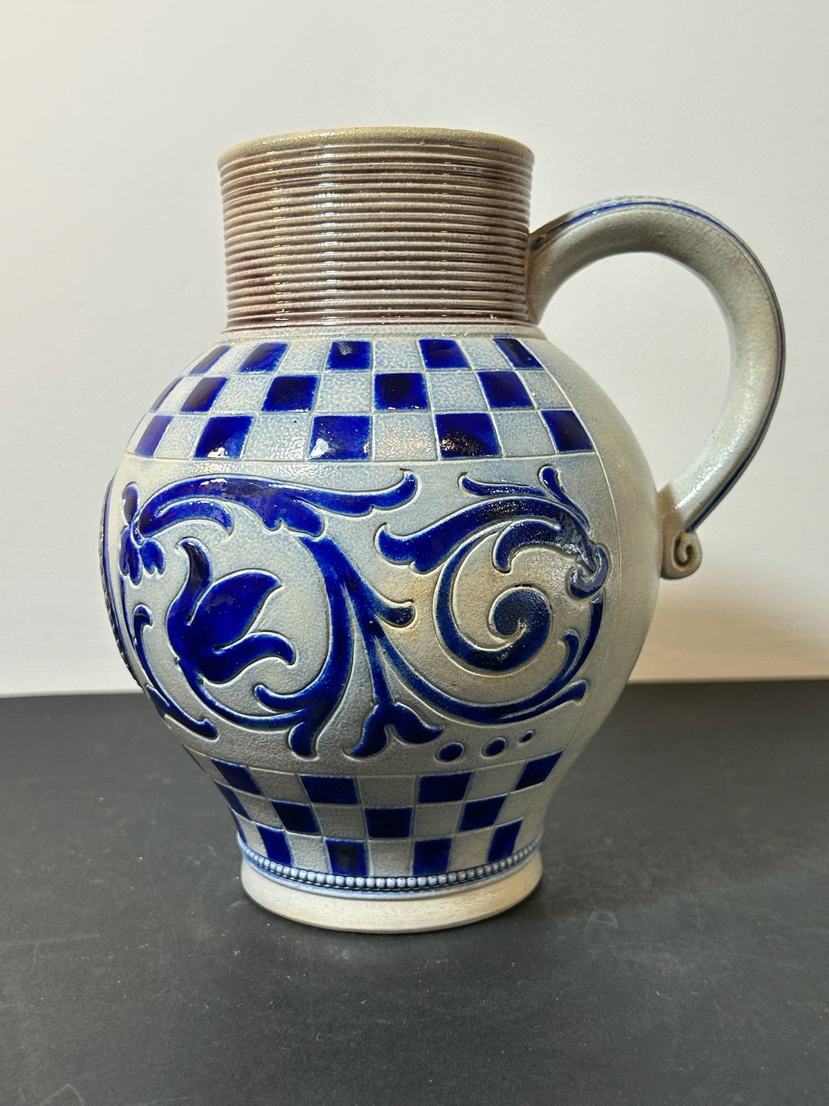 Westerwald Style Salt Glaze Stoneware Jug GR Medallion Cobalt Chequer 19cm3