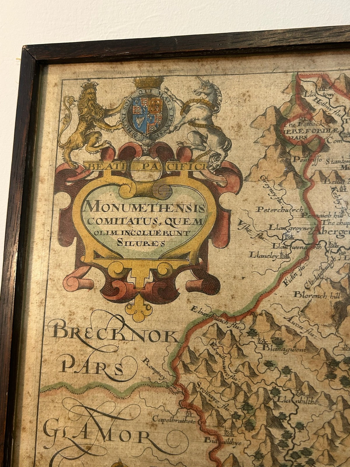 Antique Monmouthshire Map Camden Britannia c.1607 Saxton Hand Coloured Framed1
