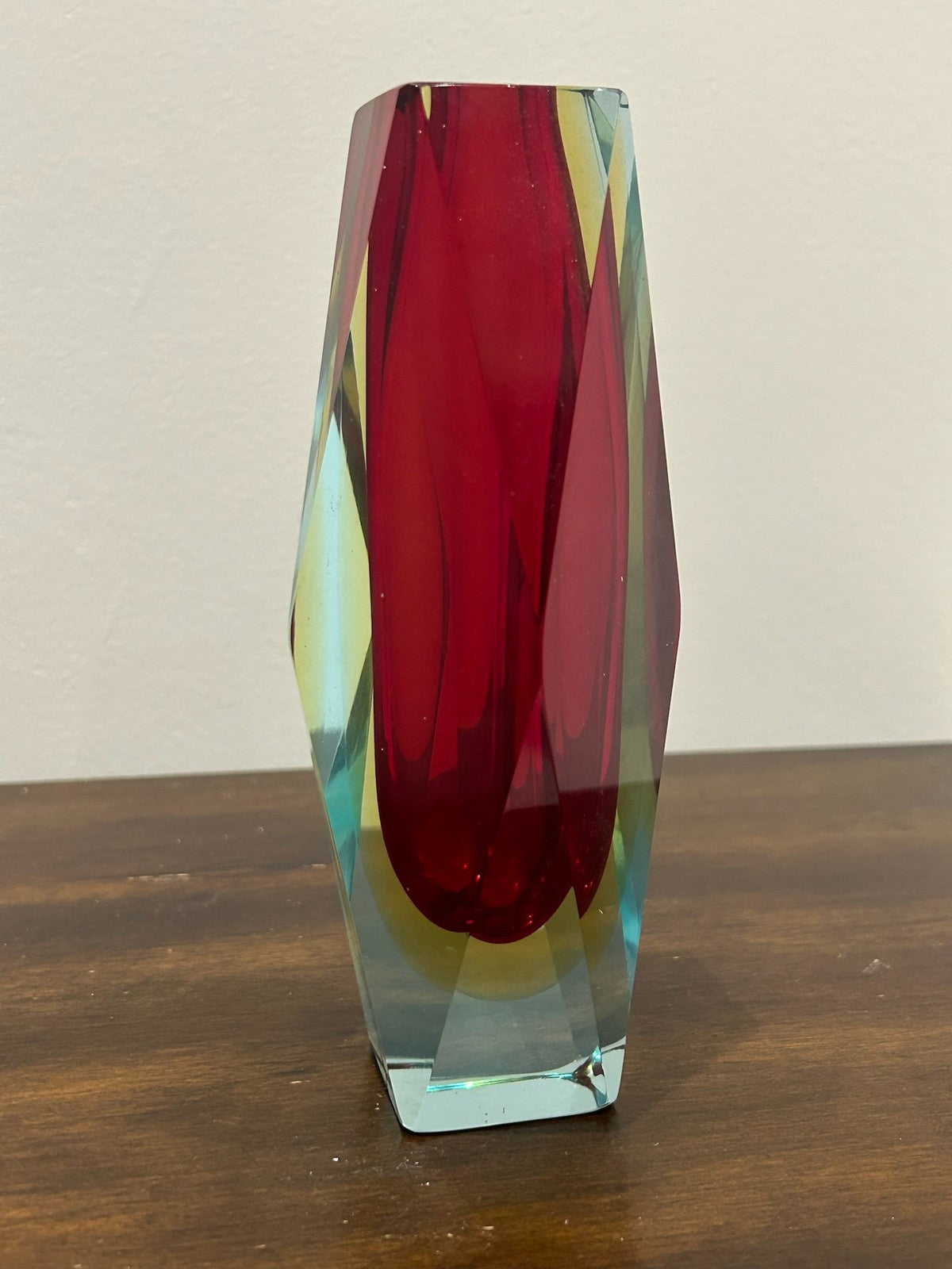 Murano Sommerso Faceted Glass Vase Red Yellow Mid Century1