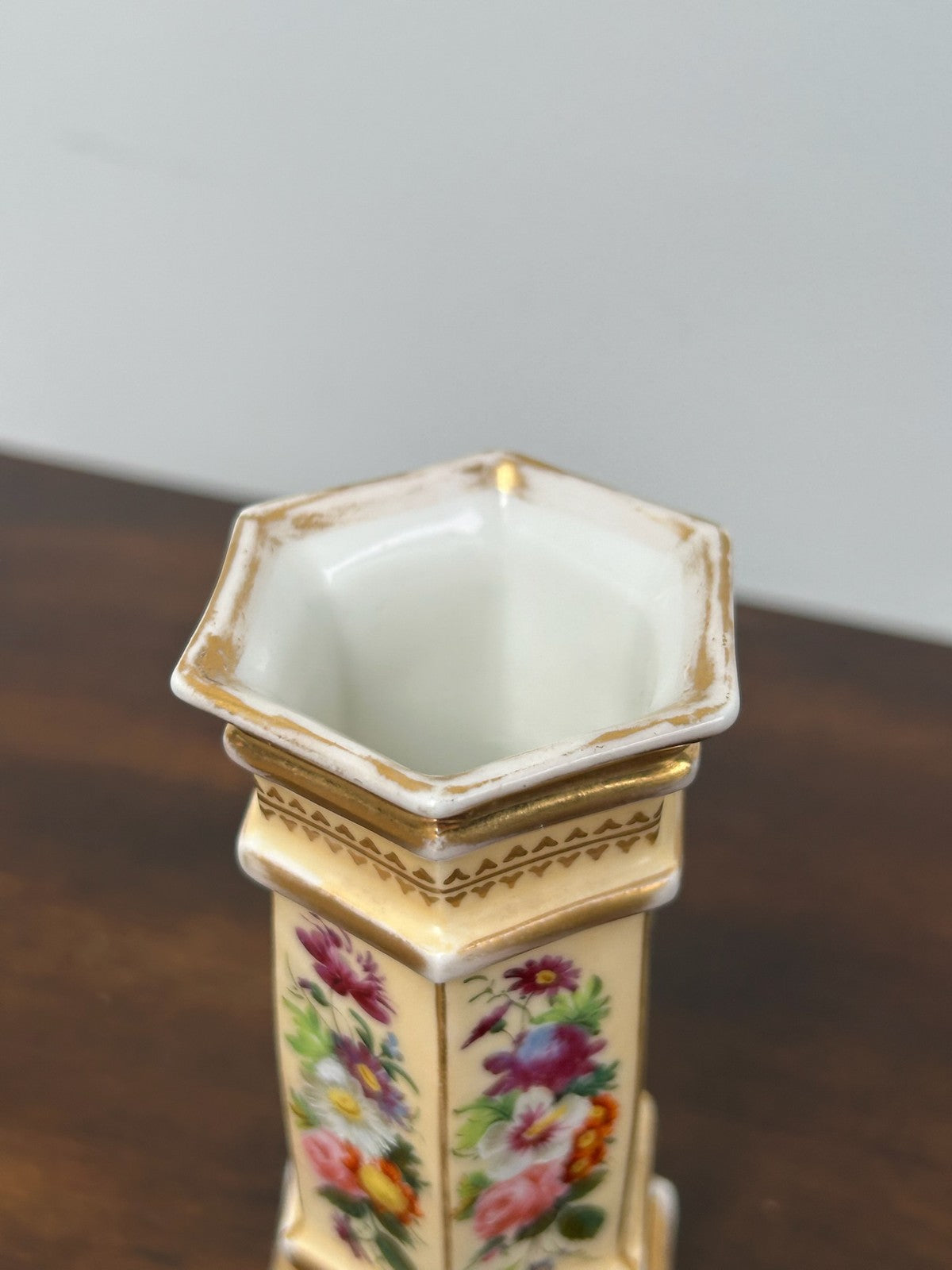 Antique Porcelain Hexagonal Spill Vase Gilt Ground Hand Painted Flowers4