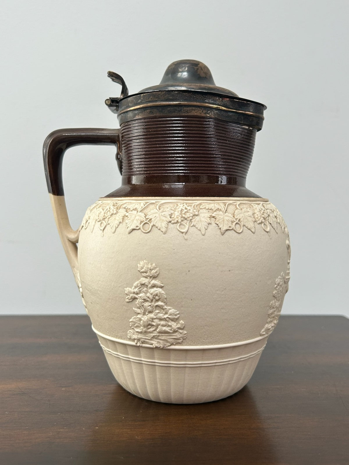 Turner Stoneware Jug Silver Lid 19cm Sprigged Relief Antique Georgian c18004