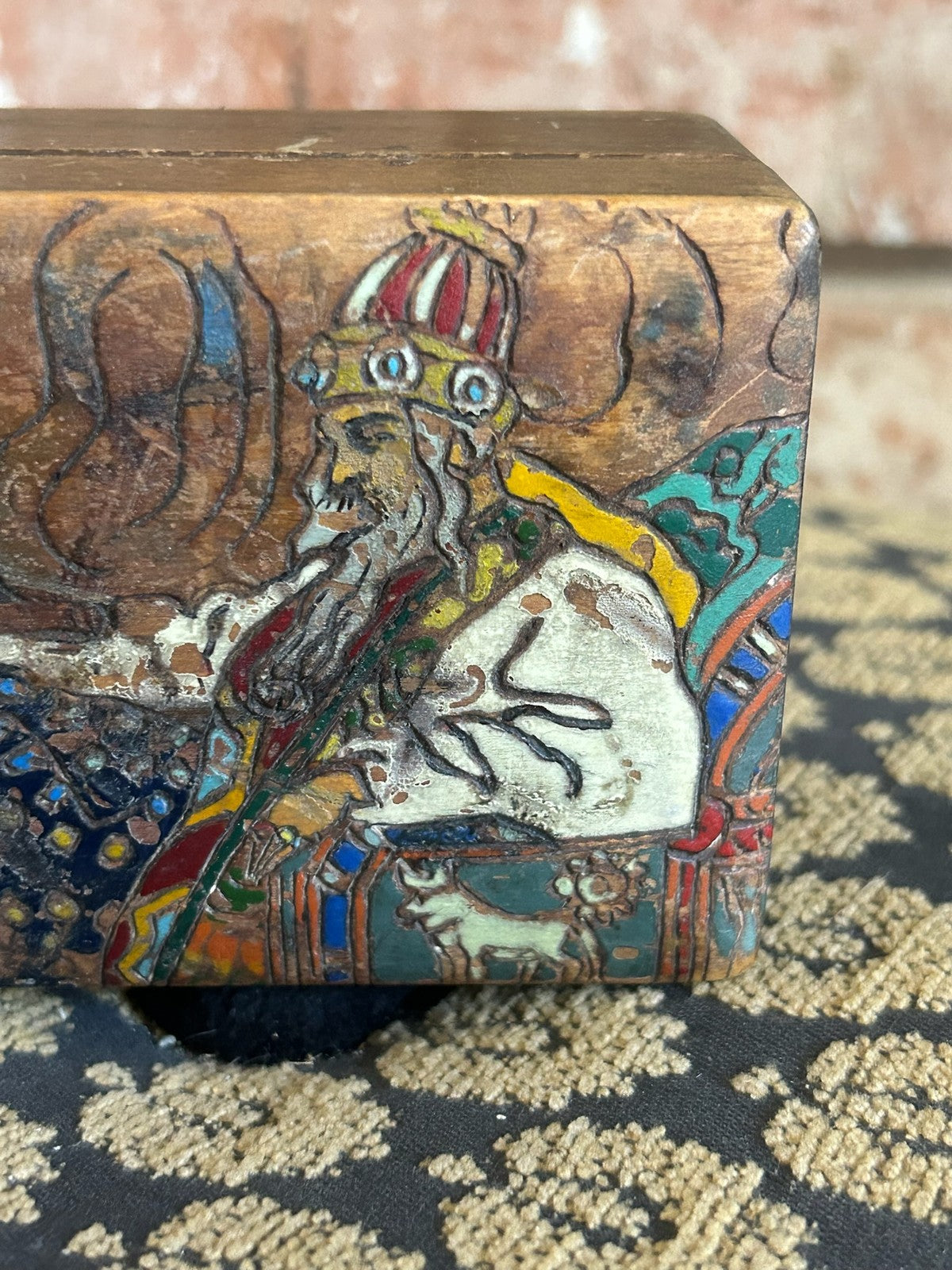Vintage Carved Painted Wooden Box Relief Figure Deity Polychrome Hinged Lid7