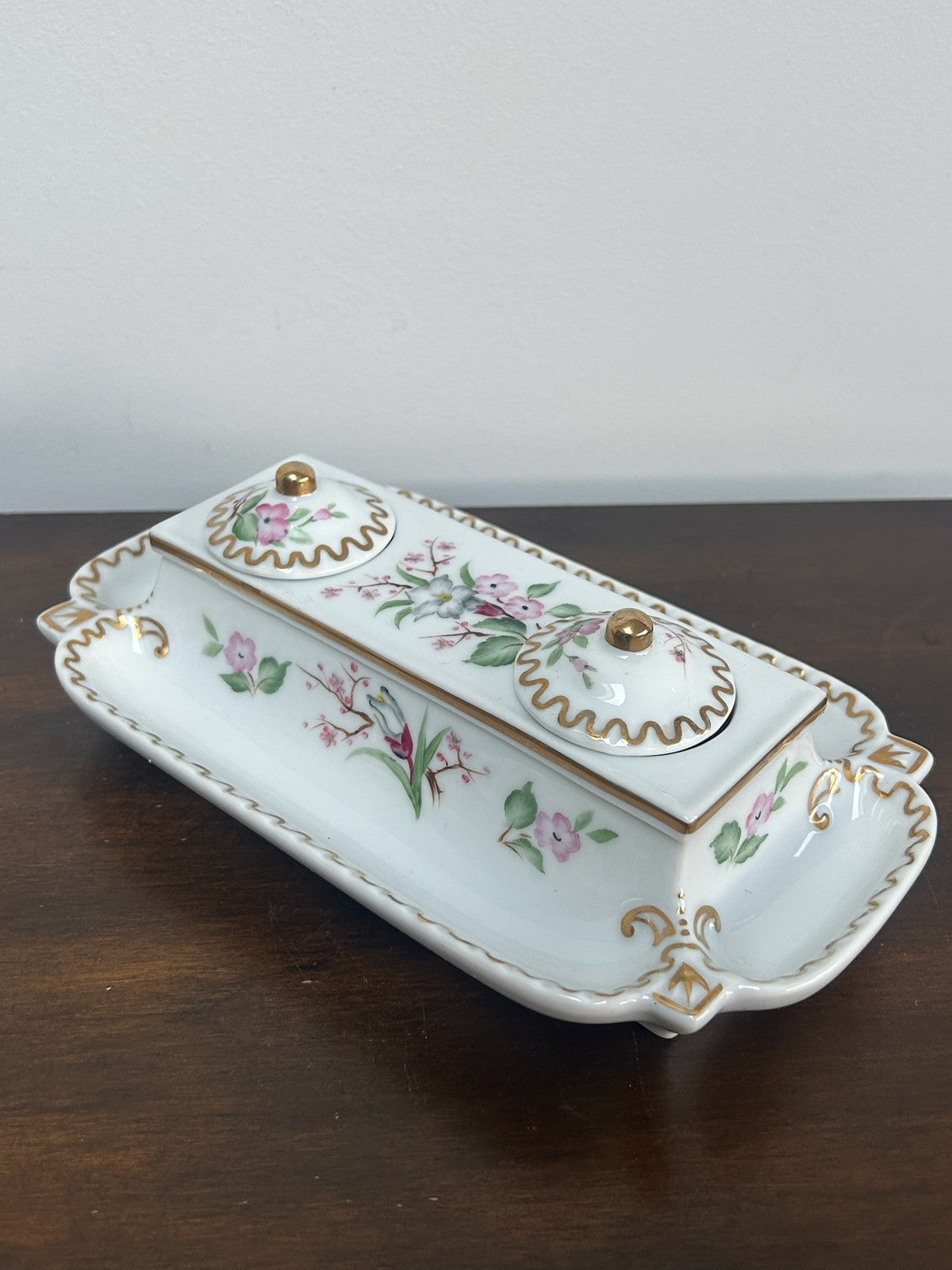 Continental Porcelain Inkstand Pen Tray Prunus Floral Gilt with Lids0