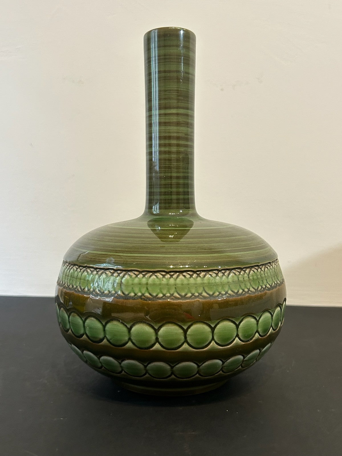 Ernestine Salerno Italy Green Glazed Bottle Vase Mid Century 25cm0