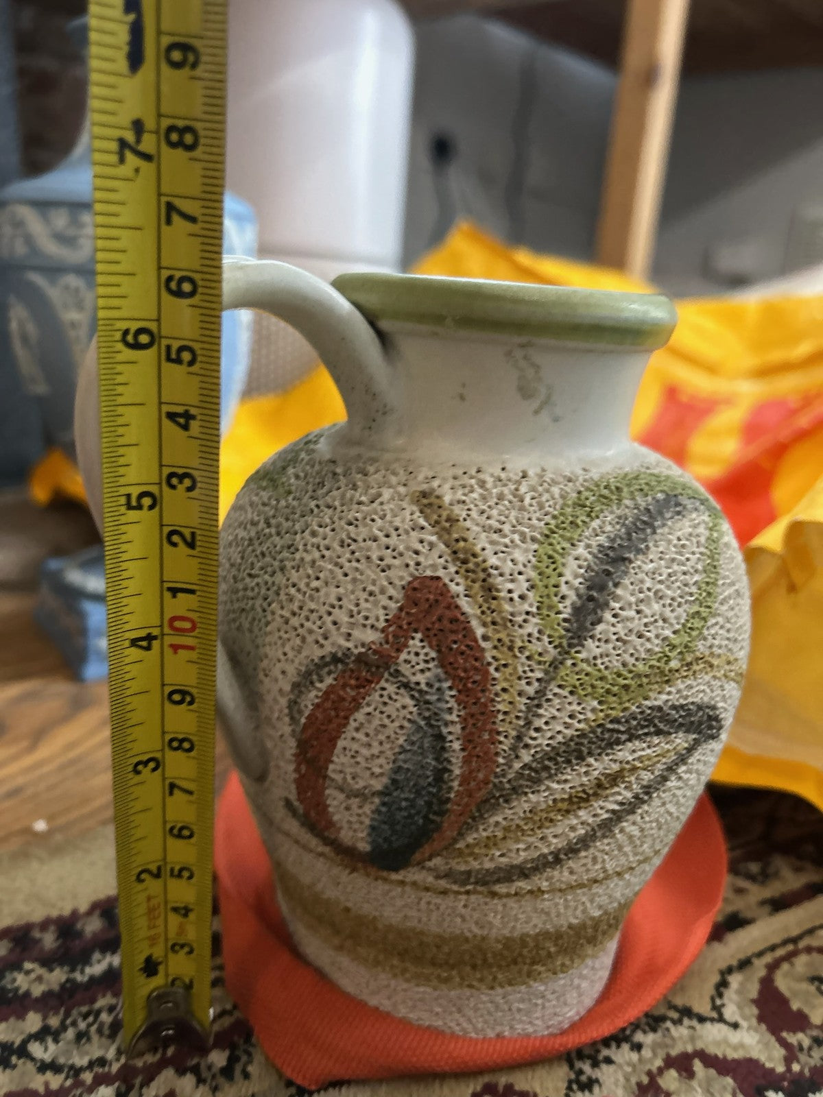 Vintage West German Style Pottery Jug Painted Stylised Flowers Textured Retro6