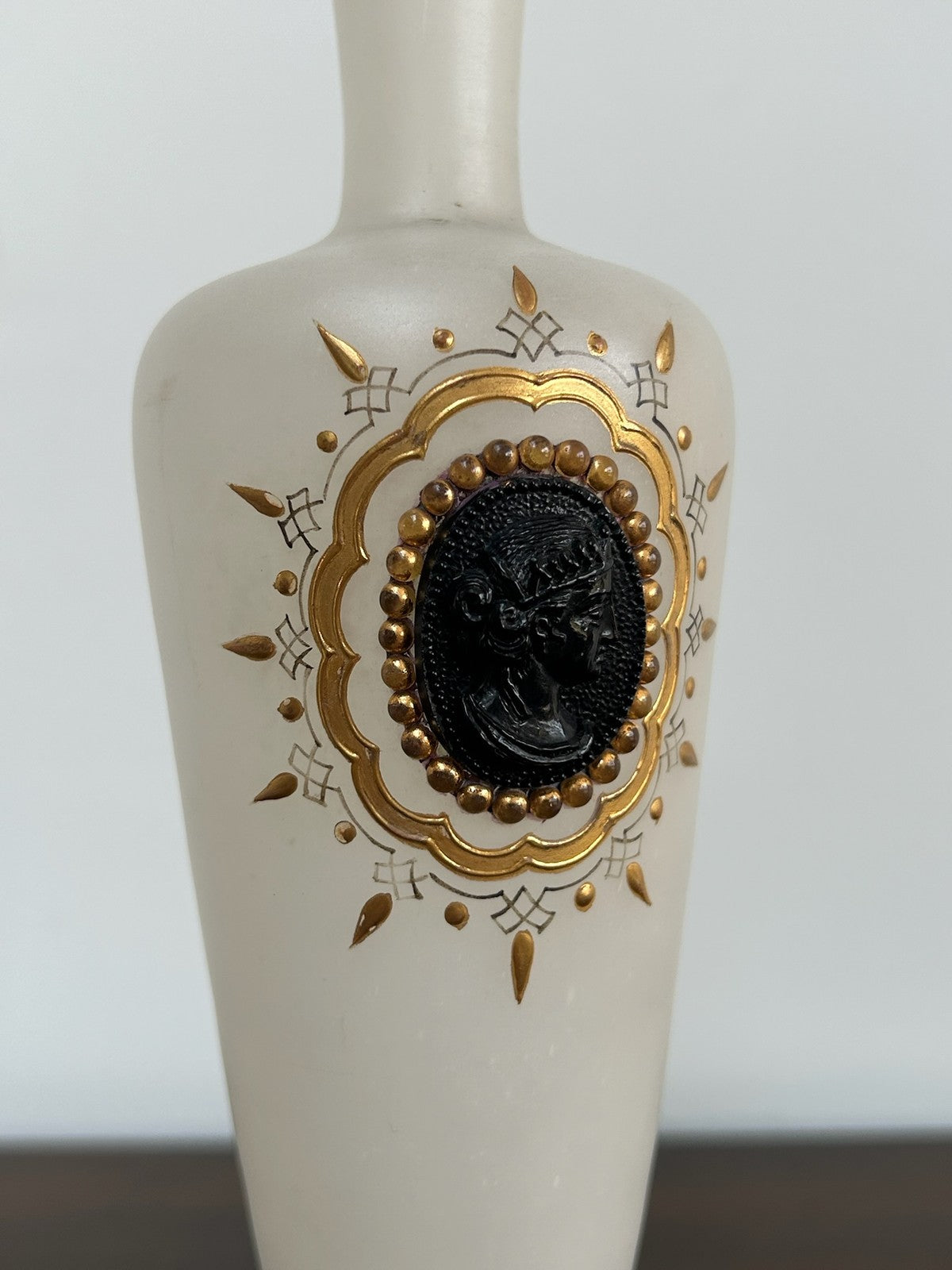 Antique Bohemian Opaline Glass Vase Black Cameo Gilt Sunburst5