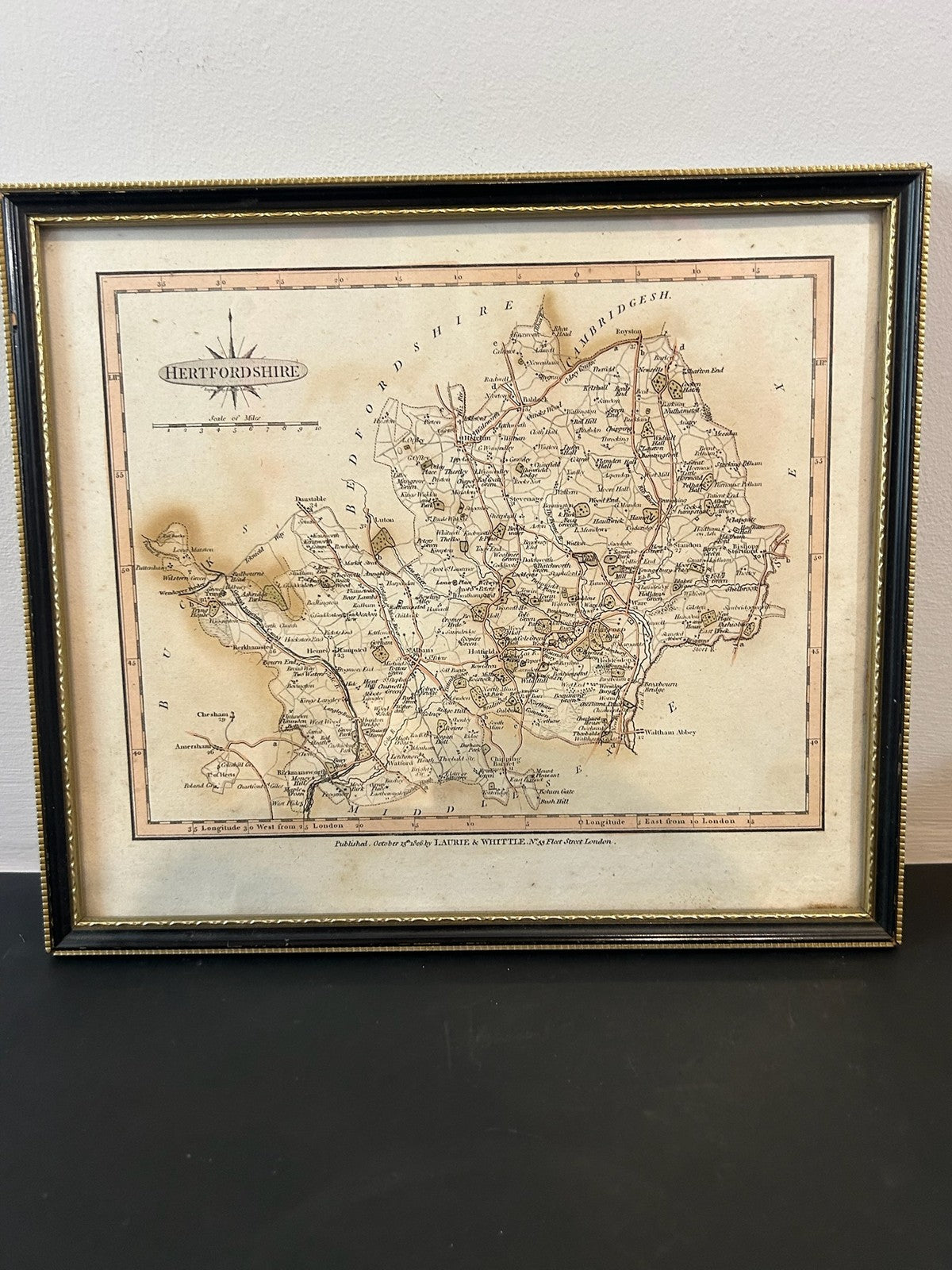 Laurie & Whittle Hertfordshire Antique Map 1806 Hand Coloured Framed 28x24cm0